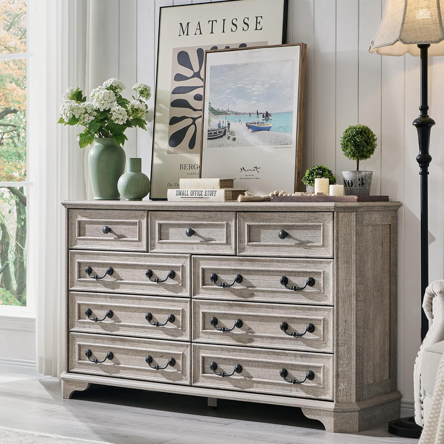 Light Rustic Oak Farmhouse 9-Drawer Wood Dresser
