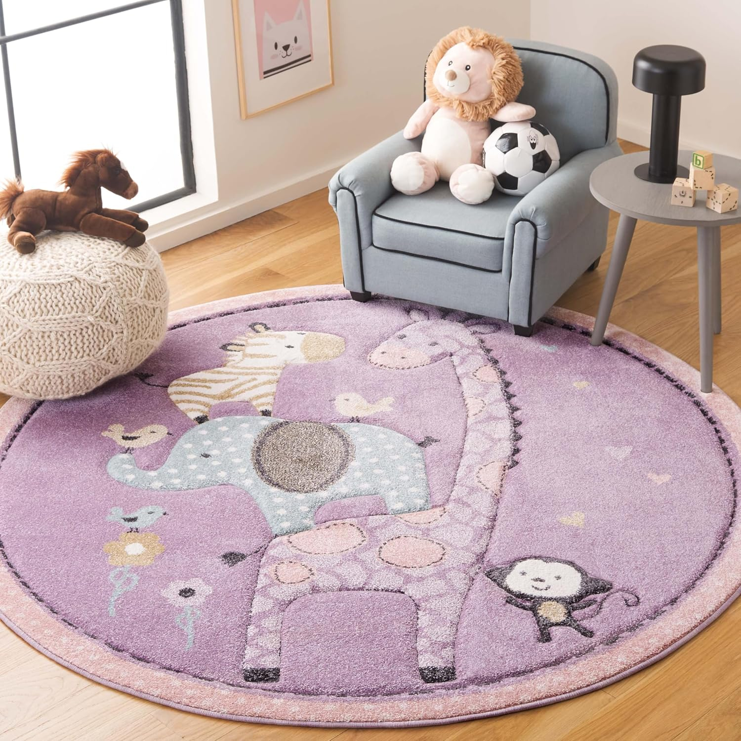 SAFAVIEH Carousel Kids Taneka Animals at Play Area Rug, Purple, 5'3" x 5'3" Round