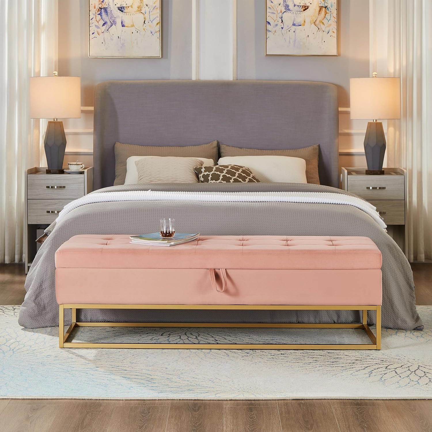 58.6" End of Bed Bench, Storage Bench with Metal Base Holds up to 500 lbs, Button Tufting Design Velvet Upholstered Bedroom Bench for End of Bed, Livingroom, Entryway, Window, Pink