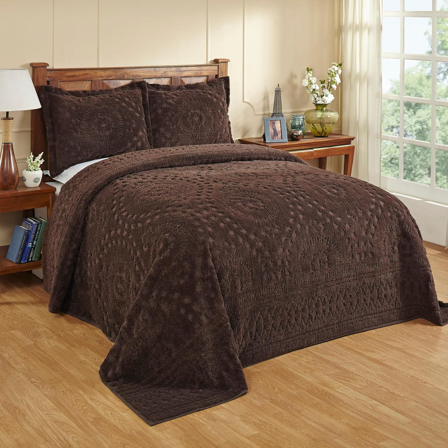 Better Trends 96" x 110" Bedspread For Full/Double Size Bed 100% Cotton Soft & Breathable Bedding Luxurious Medallion Design, Machine Washable (Chocolate) Rio Collection