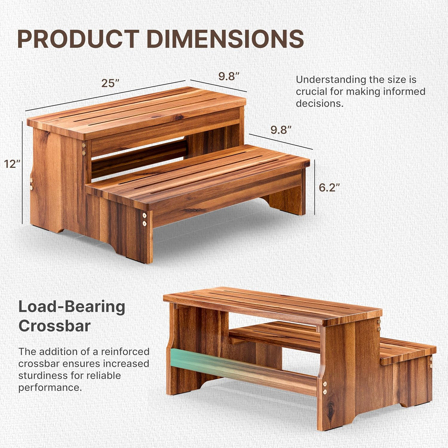 TINAMO 25" Long Step Stool for Adult & Kid - Wooden Two Step Stool 500 Lbs - Riser 2-Step Spa & Hot Tub Stairs for Pool - Heavy Duty 2 Step Stools for Bed, Kitchen/Outdoor - Patent Pending (Acacia)