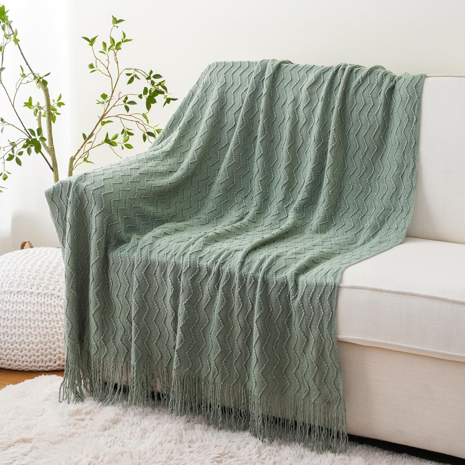 Battilo Sage Green Throw Blanket for Sofa, Knitted Soft Sage Throw, Spring Green Blanket for Bedroom Decor,50"x60"