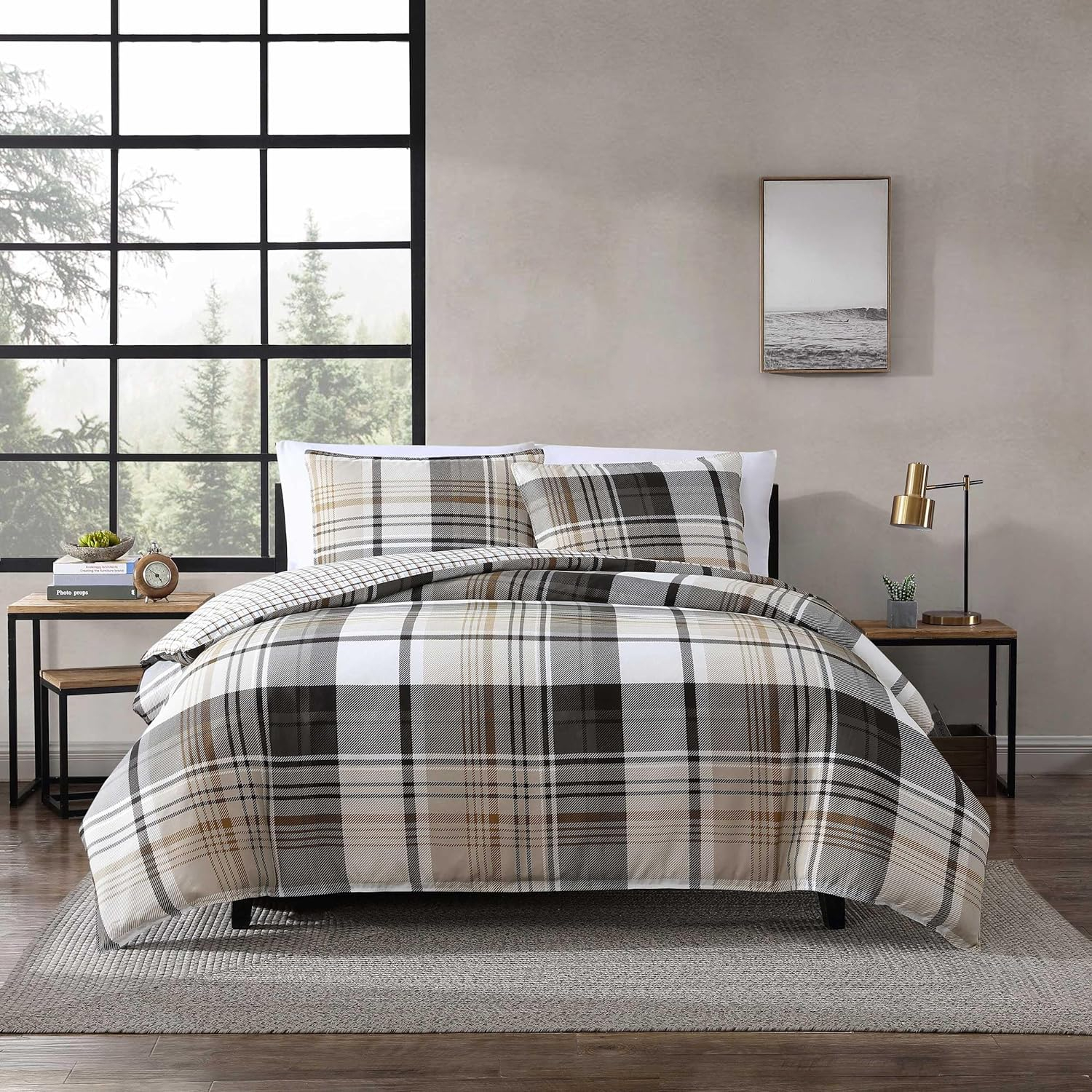 Eddie Bauer - Twin Duvet Cover Set, Reversible Microsuede Bedding Set with Matching Shams, Casual Home Decor (Normandy Plaid Black, Twin)