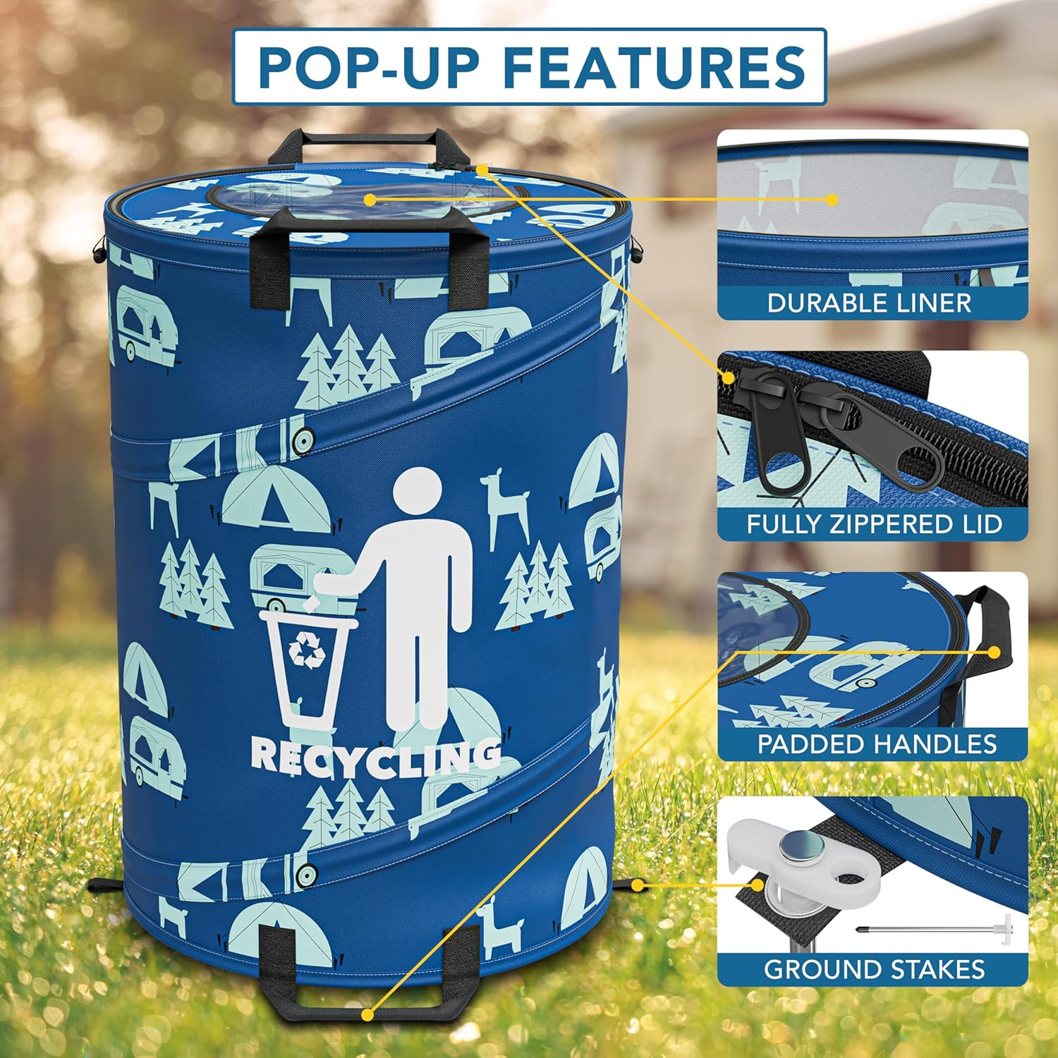 30 Gallon Collapsible Pop-Up Recycling Can for RV's, Camping, Recycling, Yard Waste, Leaf Bag, Children Toy Bin (Recycling Can)
