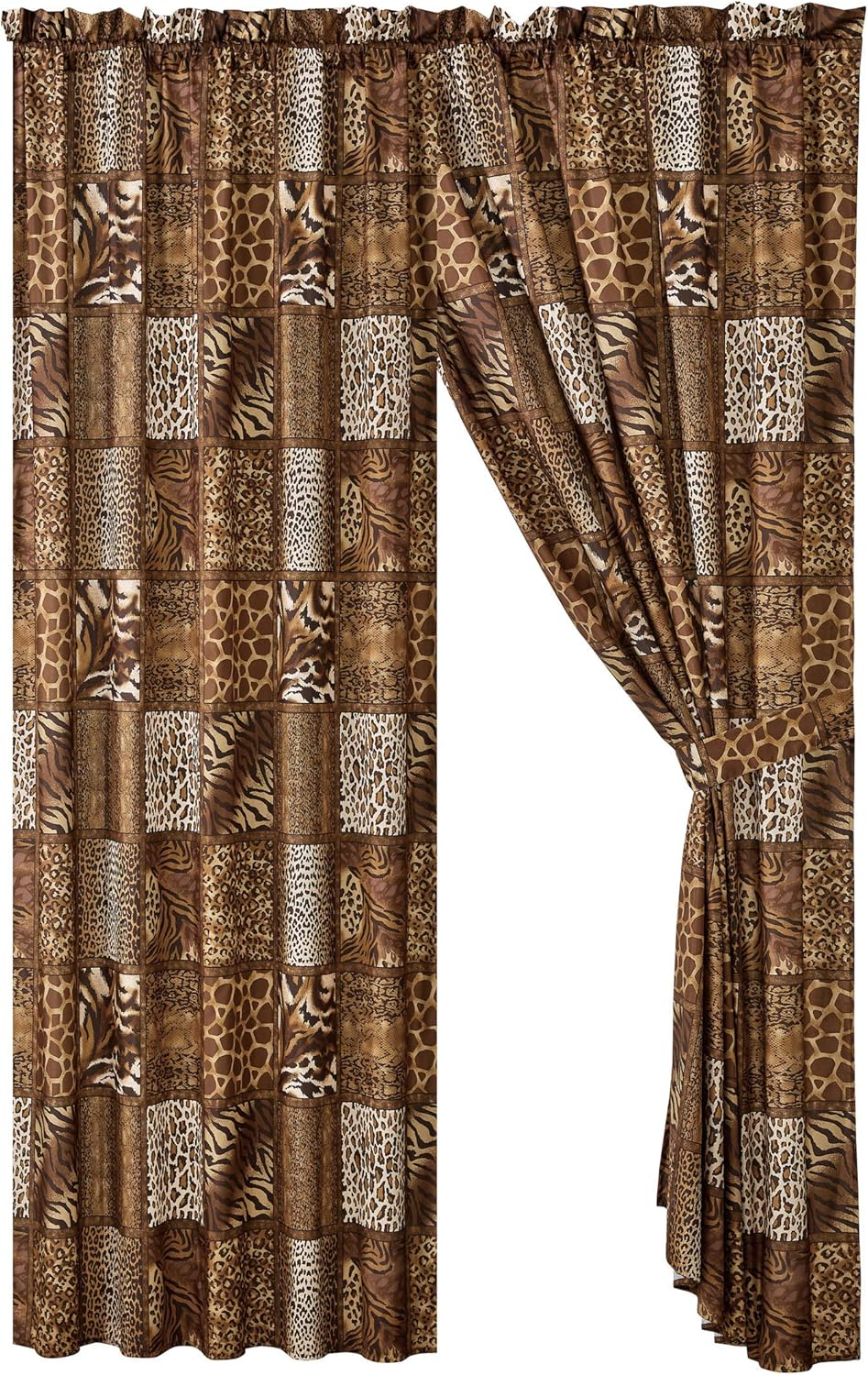 WPM 4 Piece Jungle Safari Animal Print Window Curtain Set, Chocolate Brown Leopard Zebra Giraffe Print Rod Pocket Panels with Tie Backs- Safari Design (Brown)
