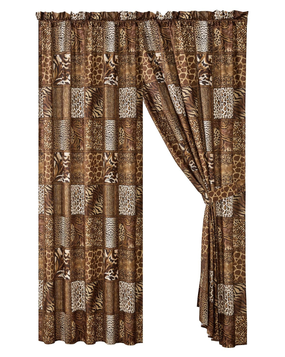 WPM 4 Piece Jungle Safari Animal Print Window Curtain Set, Chocolate Brown Leopard Zebra Giraffe Print Rod Pocket Panels with Tie Backs- Safari Design (Brown)