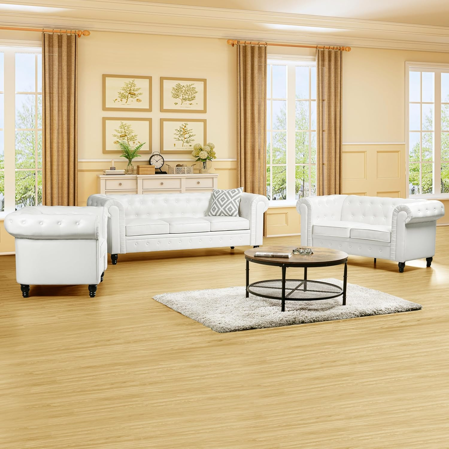 Emery Off-White Tufted Chesterfield 3-Piece Sofa Set with Rolled Arms