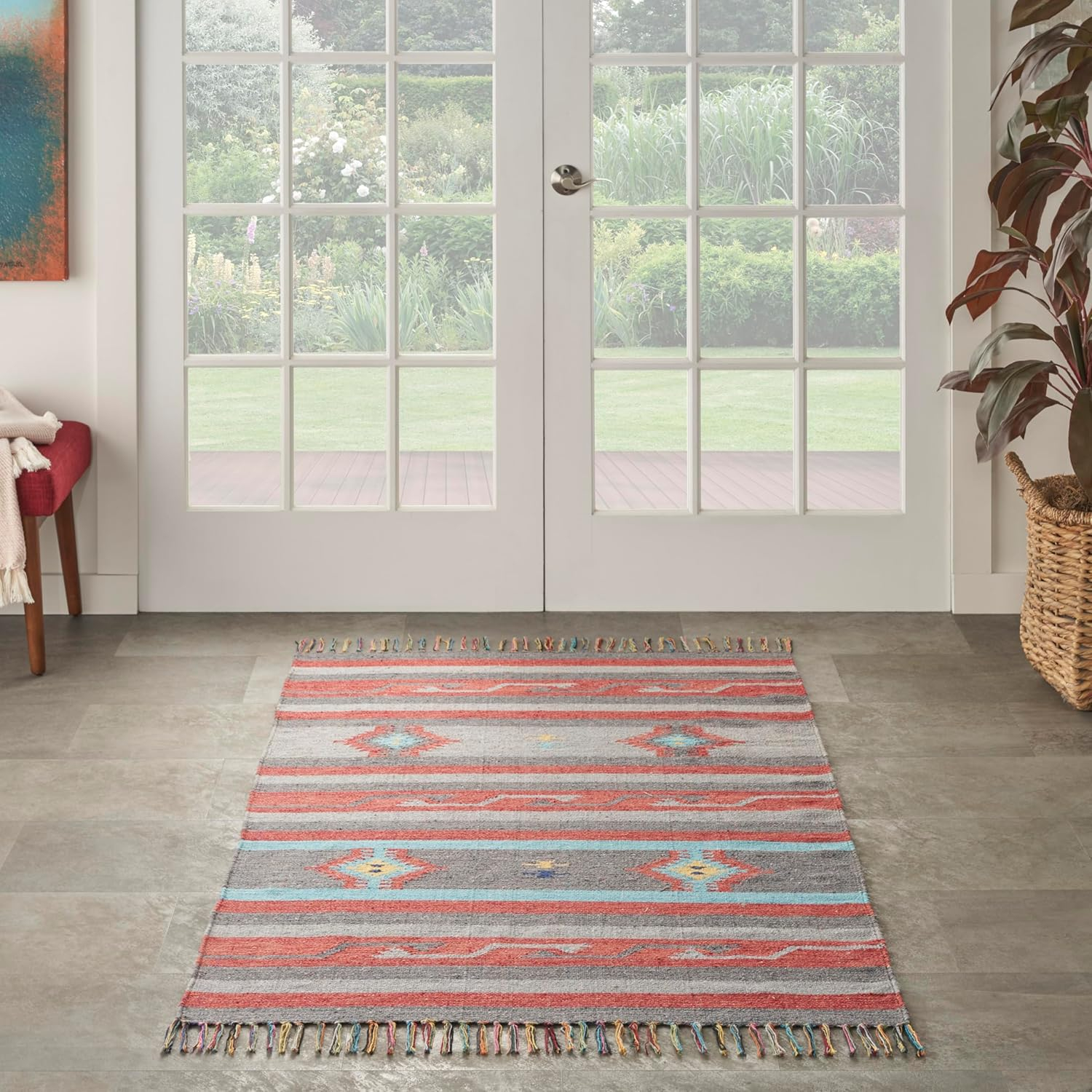 Nourison Baja Tribal Grey/Red 3'6" x 5'6" Area Rug, (4x6)