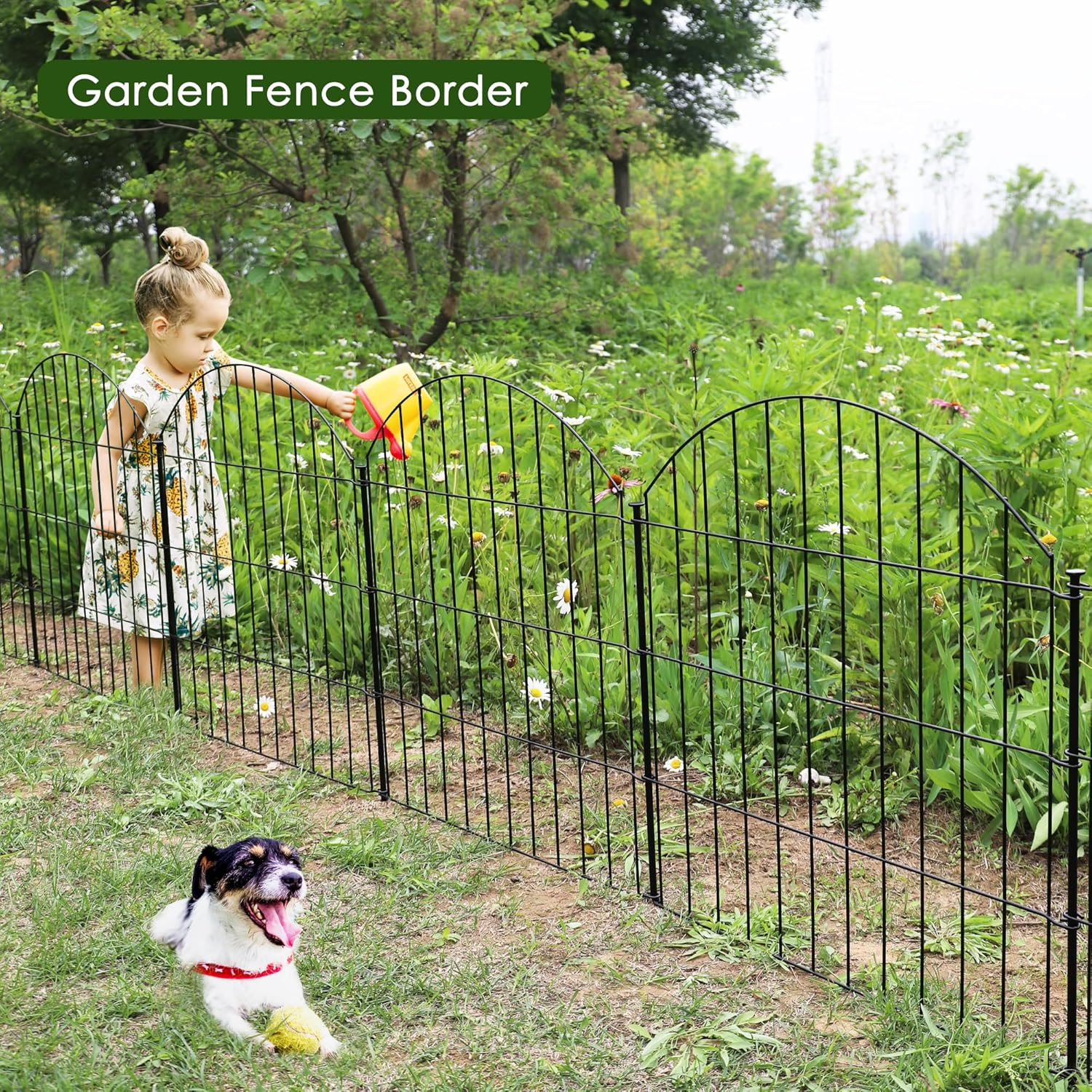 Metal Garden Fence 28in (H) X 11.7ft (L), 5 Panels + 6 Stakes Rustproof Border Fence Animal Barrier for Dog, No Dig Garden Fencing for Yard Flower Bed Patio Outdoor, CTW2828 Black