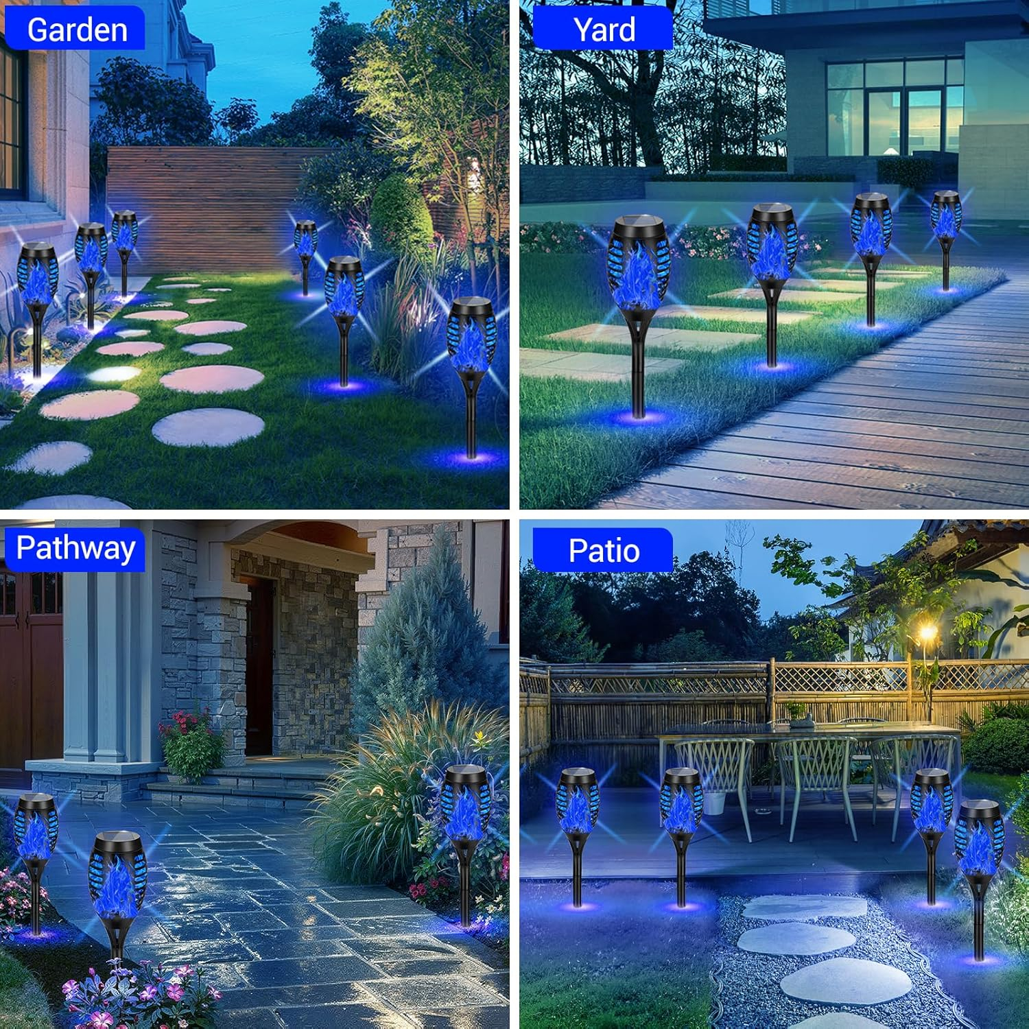 Black Solar LED Tiki Torches with Flickering Flame, 4-Pack