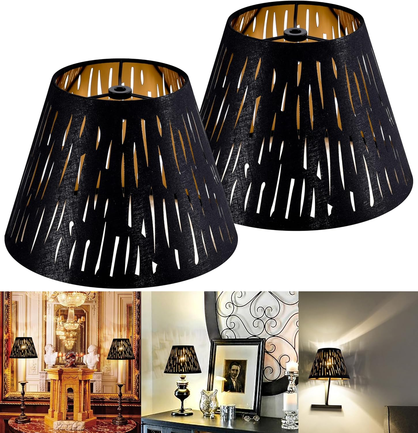 GO&SO Set of 2 Small Black Drum Lamp Shades, 5" Top x 9" Bottom x 6.4" High (Spider), Laser Etching Fabric Lamp Shades for Table, Floor, Wall Lamps -No Assembly Required, Modern Replacement Lampshades