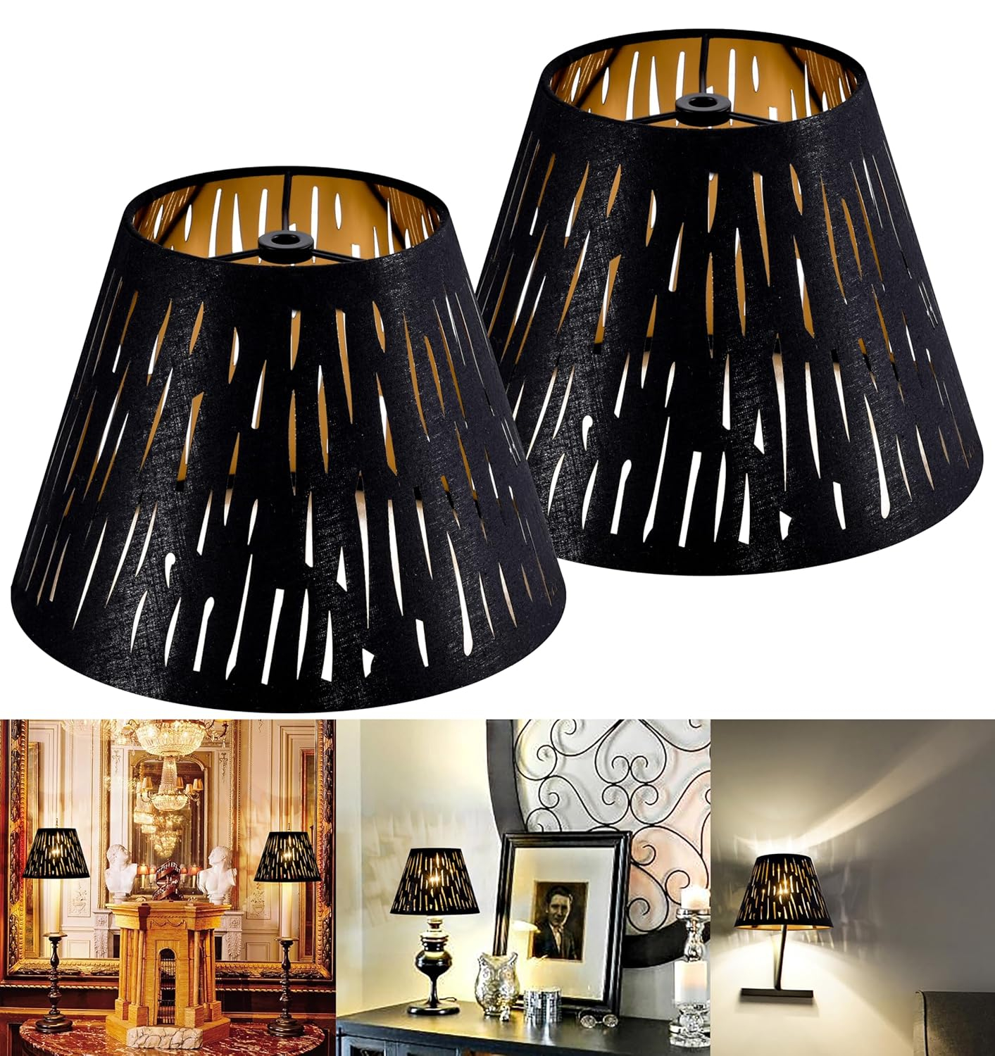 GO&SO Set of 2 Small Black Drum Lamp Shades, 5" Top x 9" Bottom x 6.4" High (Spider), Laser Etching Fabric Lamp Shades for Table, Floor, Wall Lamps -No Assembly Required, Modern Replacement Lampshades