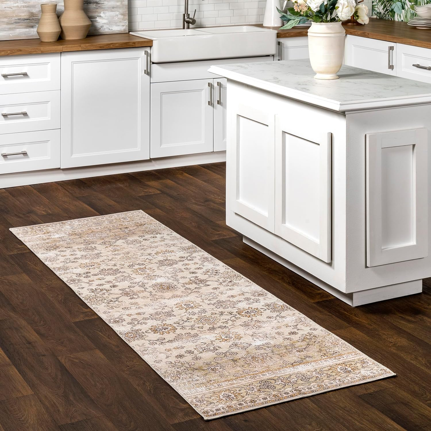 Deadra Vintage Floral Gray and Beige Synthetic Runner Rug