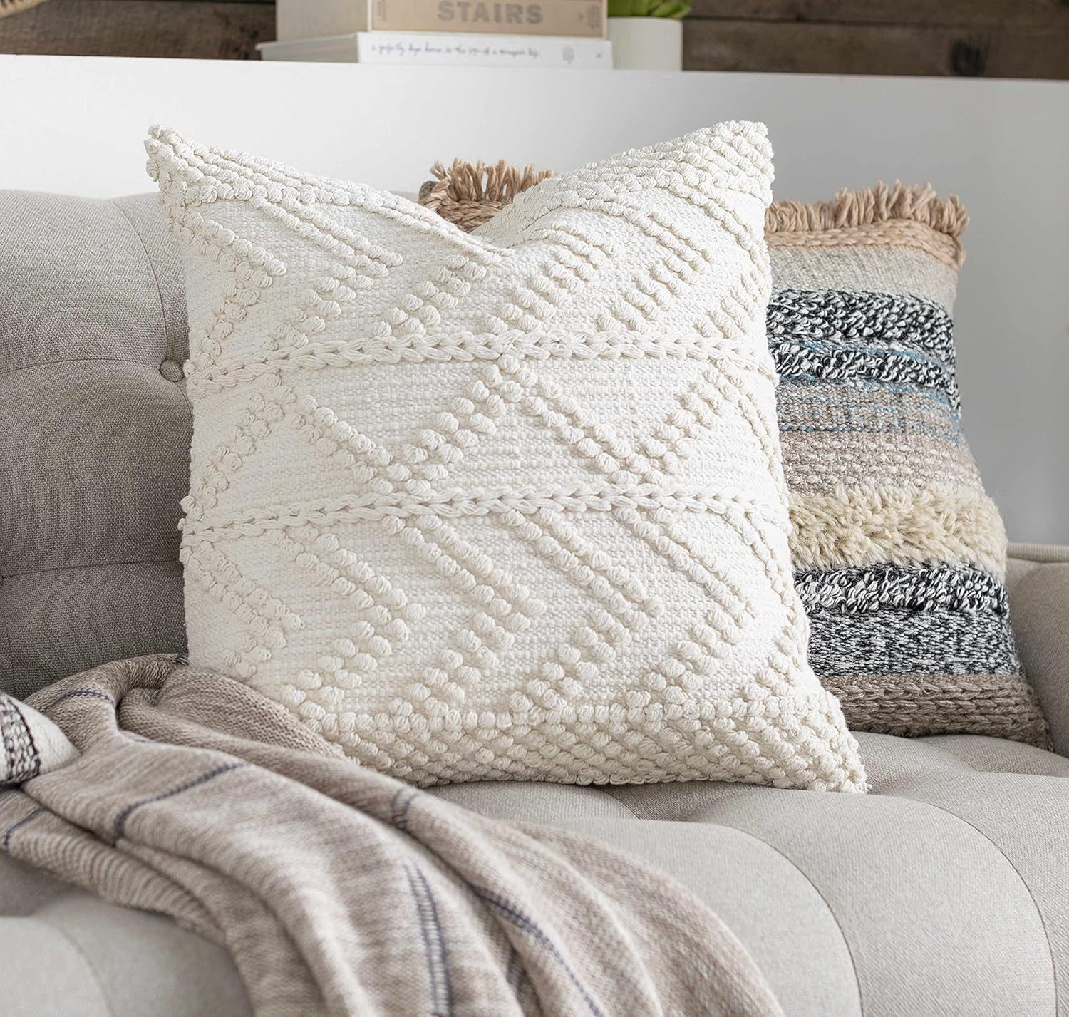 Hauteloom Sumiton Cotton Decorative Throw Pillow Cover - Moroccan Aztec High Low Textured Cushion Cover - Cream - 22" x 22" Pillow Cover