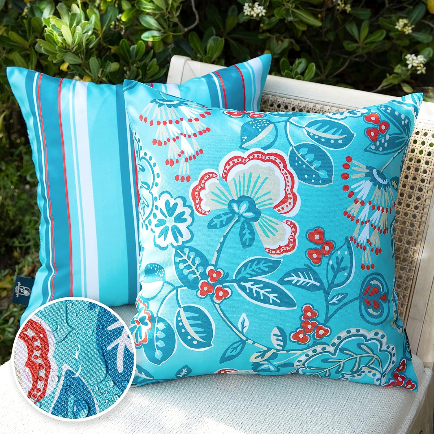 Turquoise Floral and Striped Waterproof Polyester Pillow Covers Set
