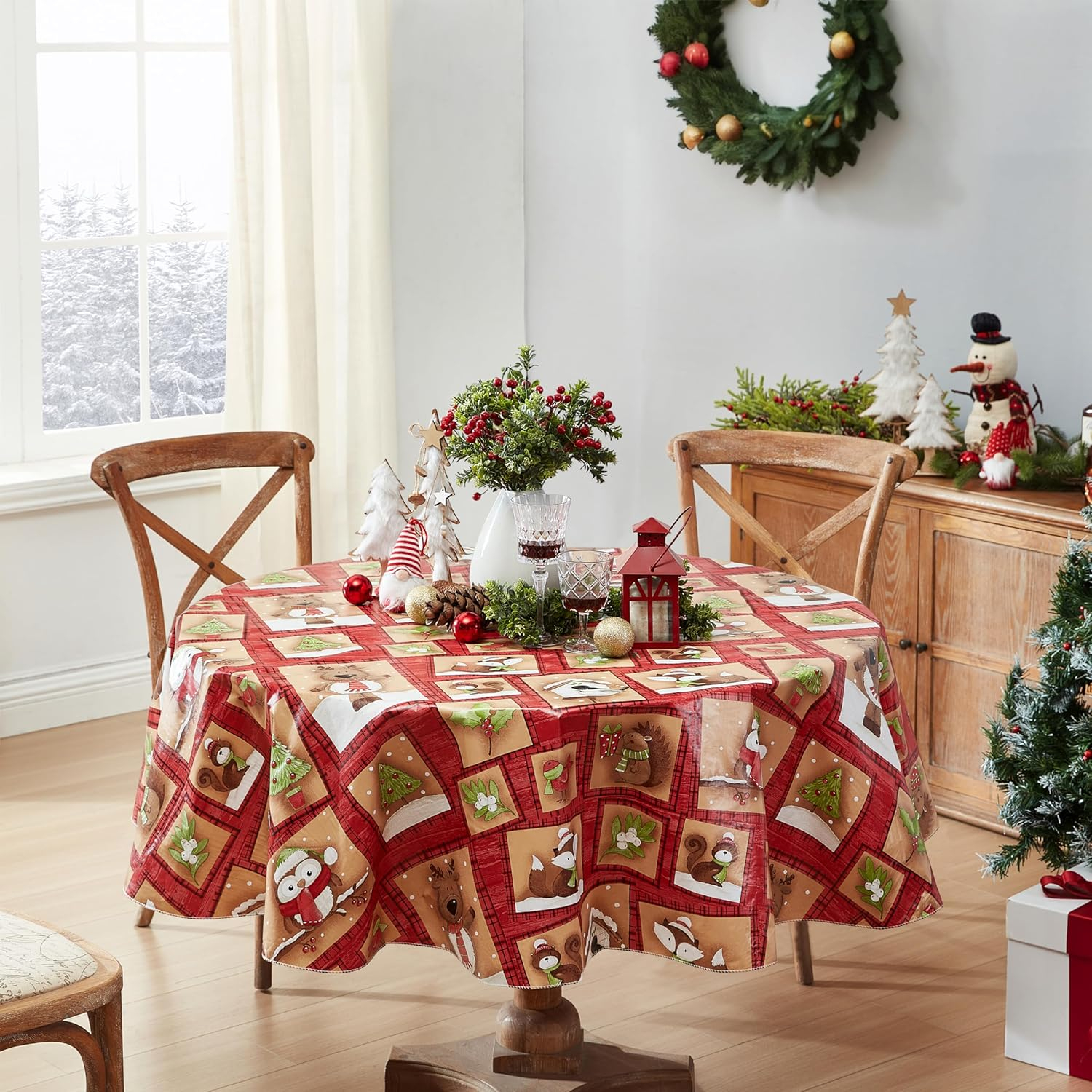 Newbridge Holiday Forest Friends Cottage Style Flannel Back Vinyl Christmas Tablecloth - Adorable Forest Animal Print Wipe Clean Easy Care Kitchen, Dining Room Tablecloth, 70” Round