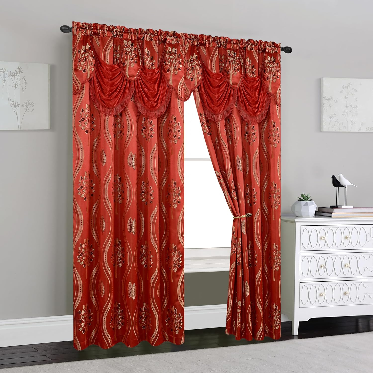 Elegant Comfort Aurora Jacquard Look Curtain Panel Set with Attached Valance 54" X 84 inch (Set of 2), Red