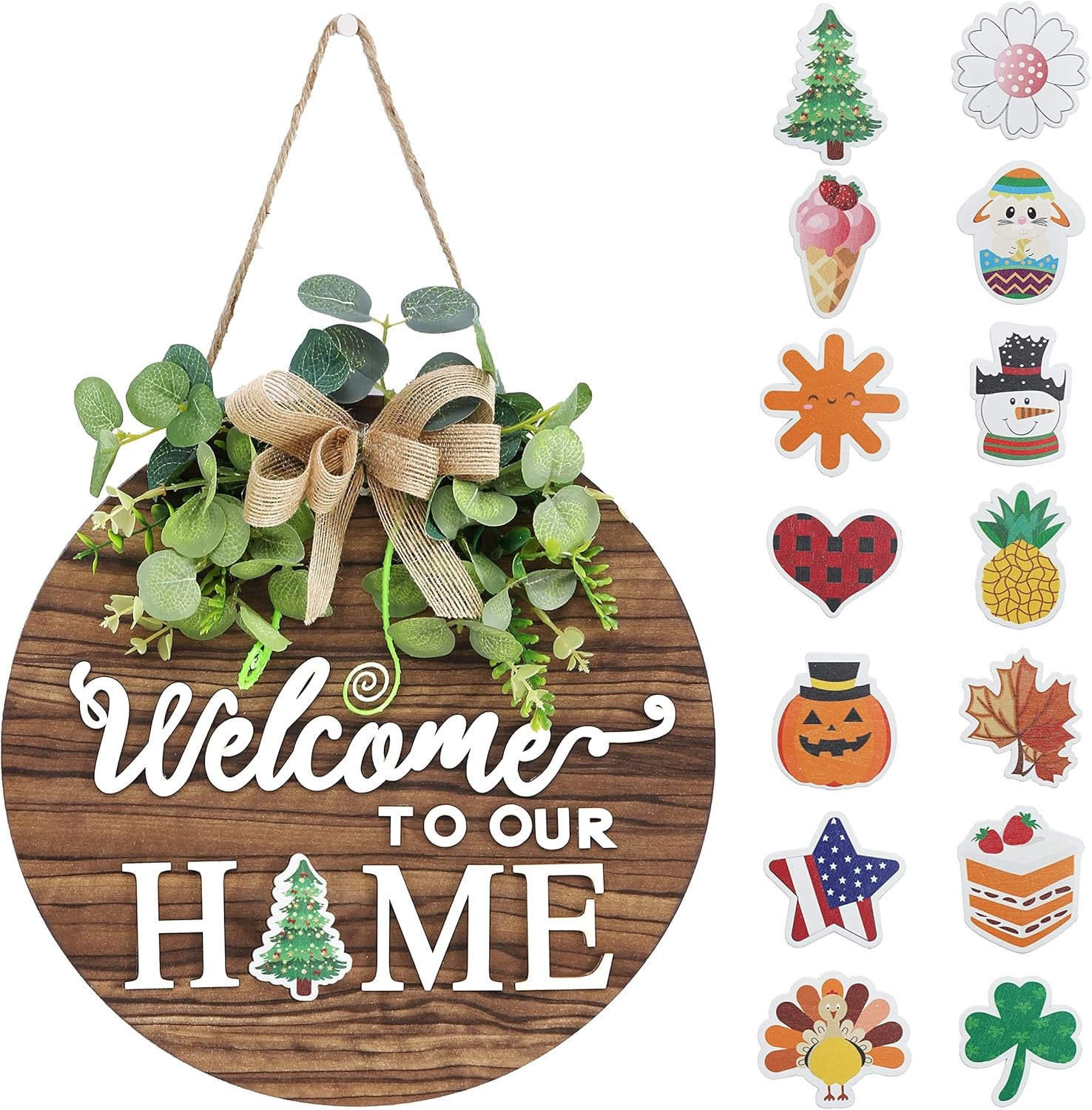 RoseCraft Interchangeable Wooden Seasonal White Welcome Sign, Rustic Welcome Front Door Wreaths for Home Wall Porch Decor, for Easter Spring Summer Fall Halloween Christmas All Season Decorations.