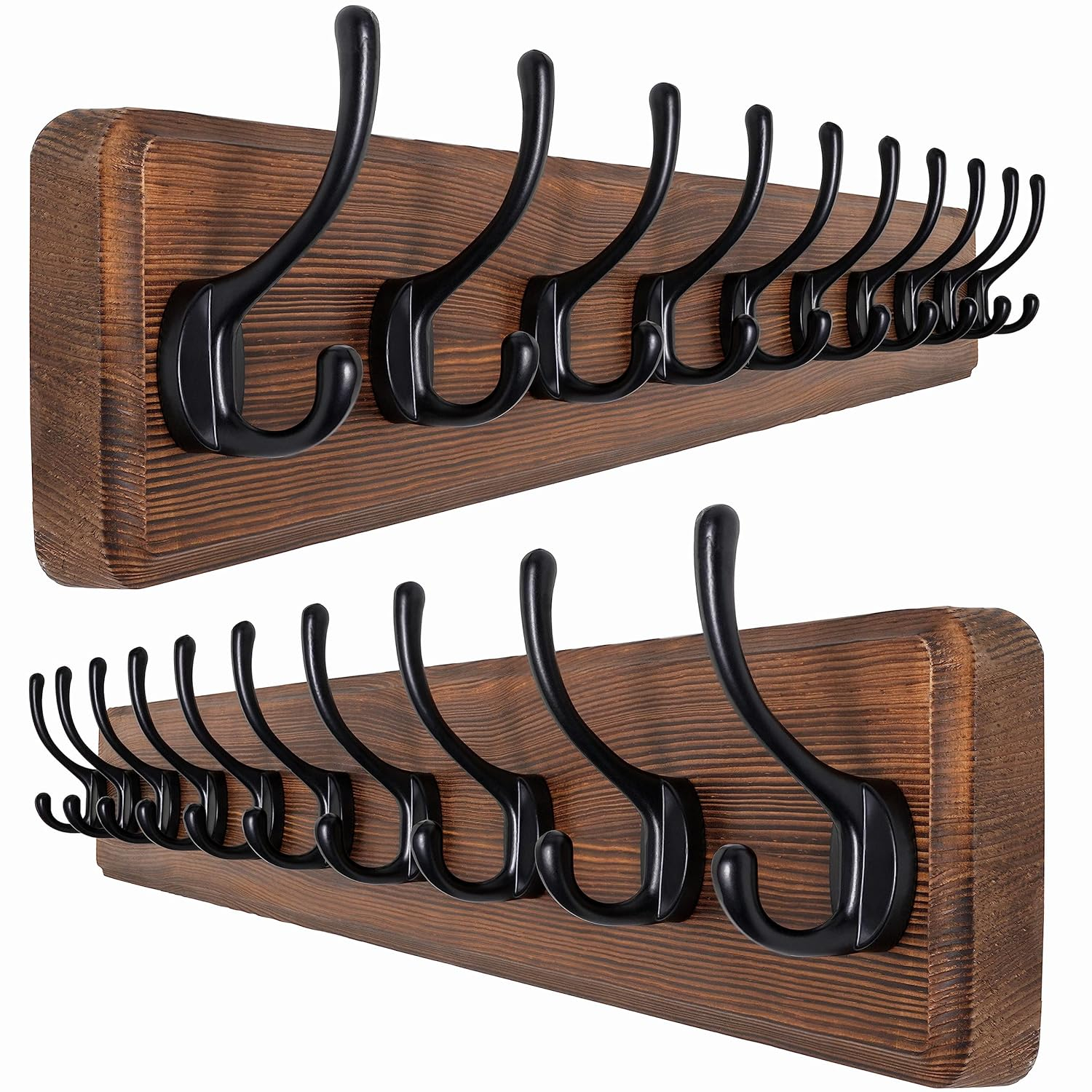 SKOLOO Rustic Wall Mounted Coat Rack, Case of 2, Pine Solid Wood Coat Hook Hanger - 10 Hooks for Hanging Clothes Robes Towels Coats