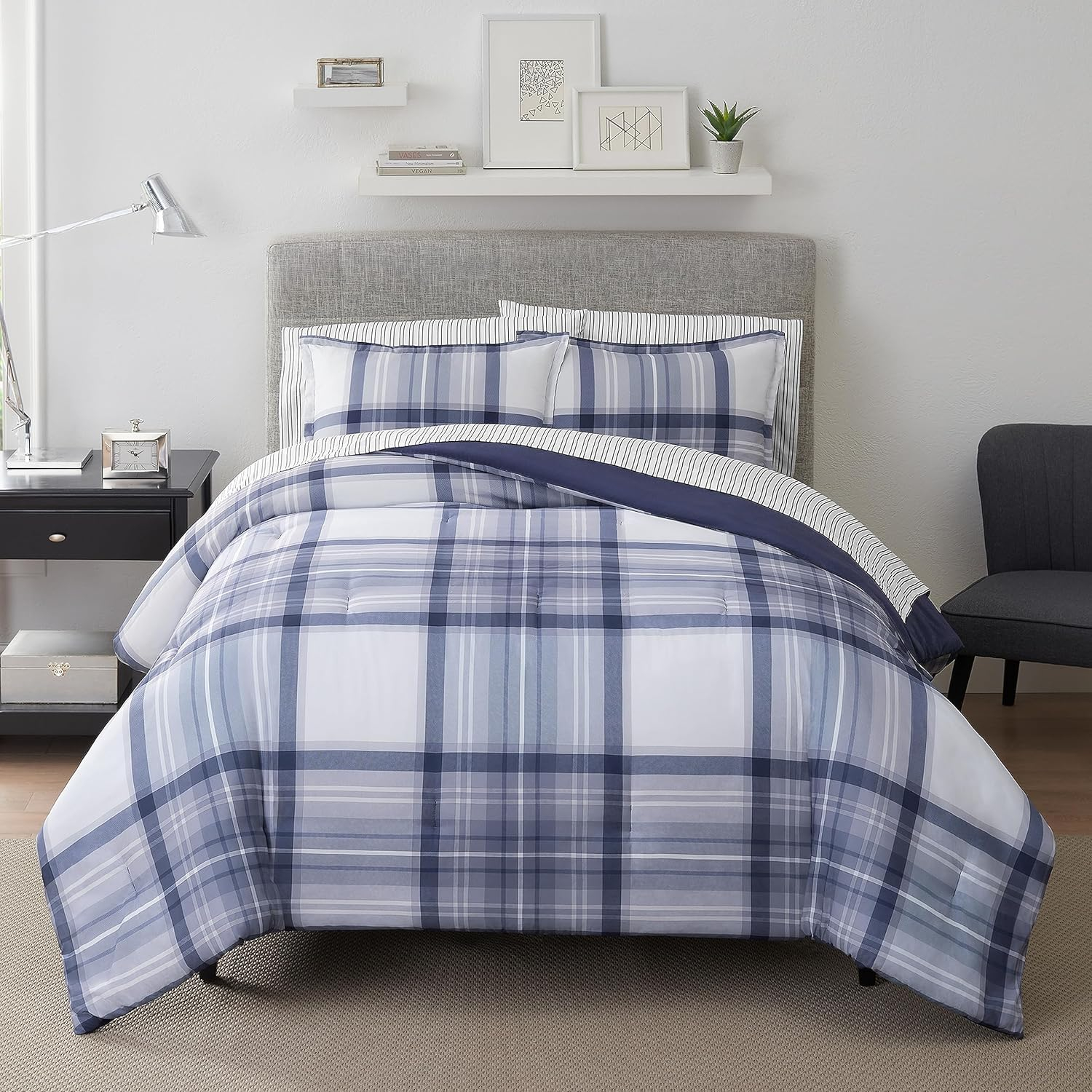 Serta Simply Clean Scott Soft 7 Piece Plaid Bed in A Bag Complete Bedding Comforter Set with Sheets and Pillow Case for All Season, Full, Blue