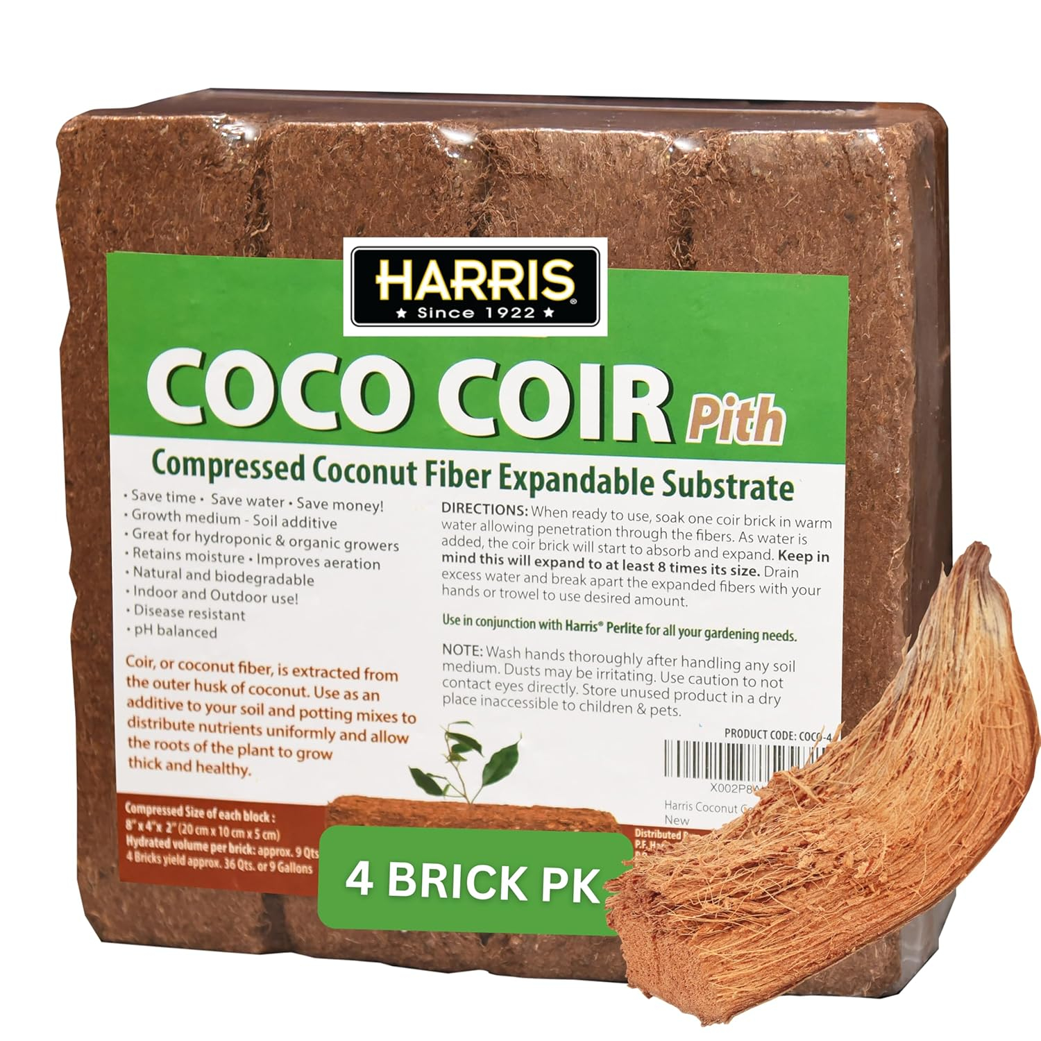 Harris COCO-4 Coco Coir Coconut Fiber Potting Mix - 4 lbs - Case of 4