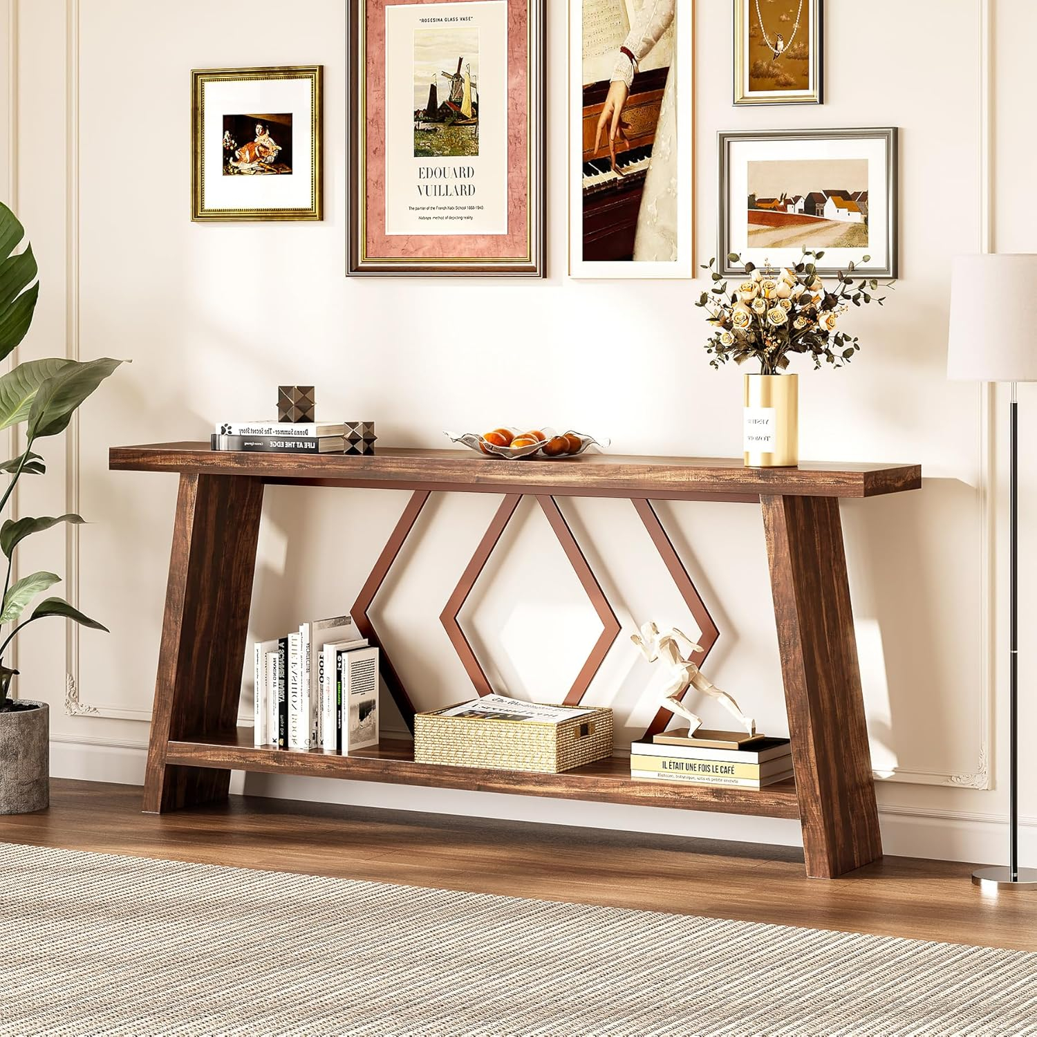 Rustic Brown Wood and Metal Console Table with Storage Shelf