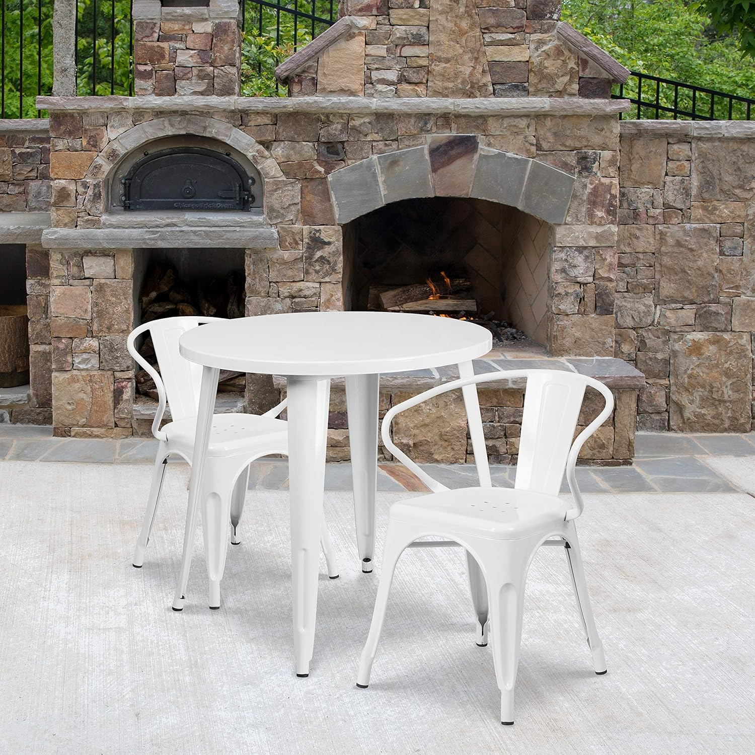 Flash Furniture Conrad Commercial Grade 30" Round White Metal Indoor-Outdoor Table Set with 2 Arm Chairs