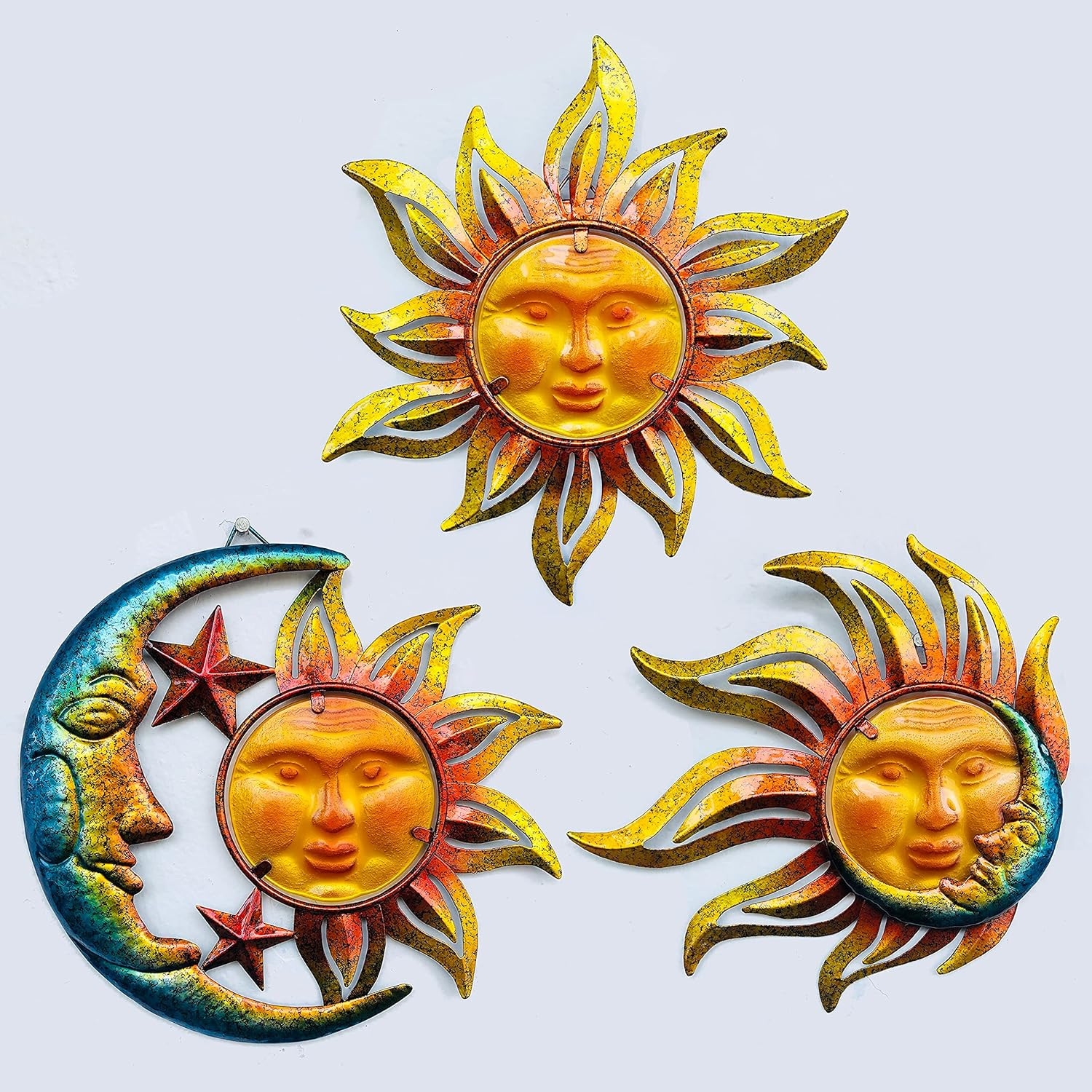 BVLFOOK Sun Face Metal Wall Art Decor Outdoor Indoor, Sun Moon Star, Metal & Glass Hanging Wall Patio Decorations for Outdoor Living Room Bedroom Garden Porch Fence Balcony, Set of 3, 9 inch Large