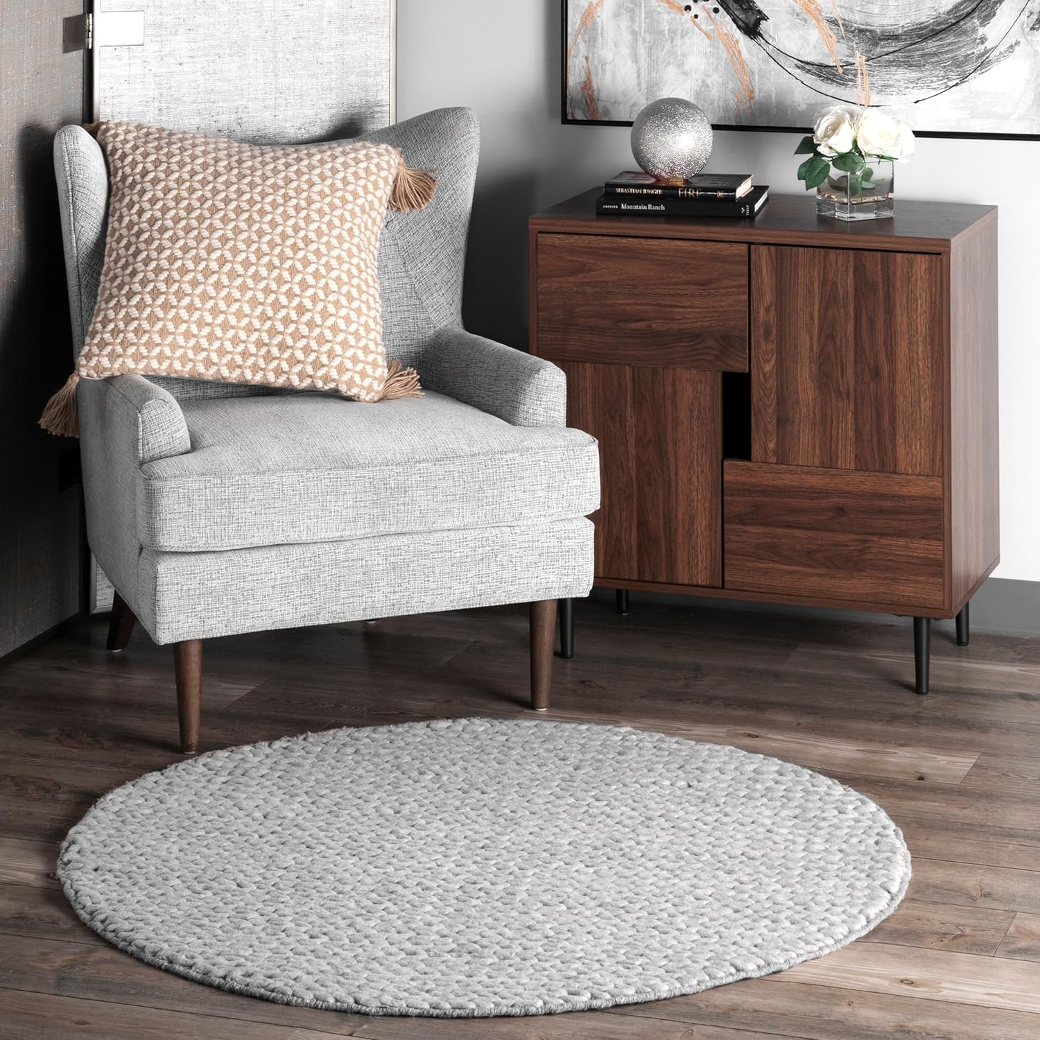 Light Grey Round Braided Wool Handmade Area Rug