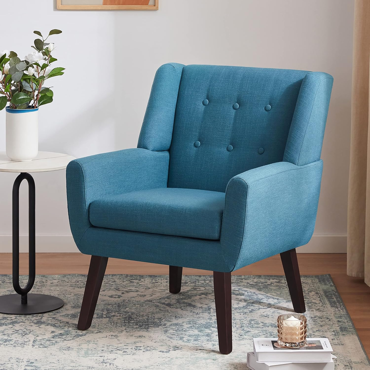 HUIMO Modern Linen Upholstered Armchair Tufted Accent Chair Lake Blue