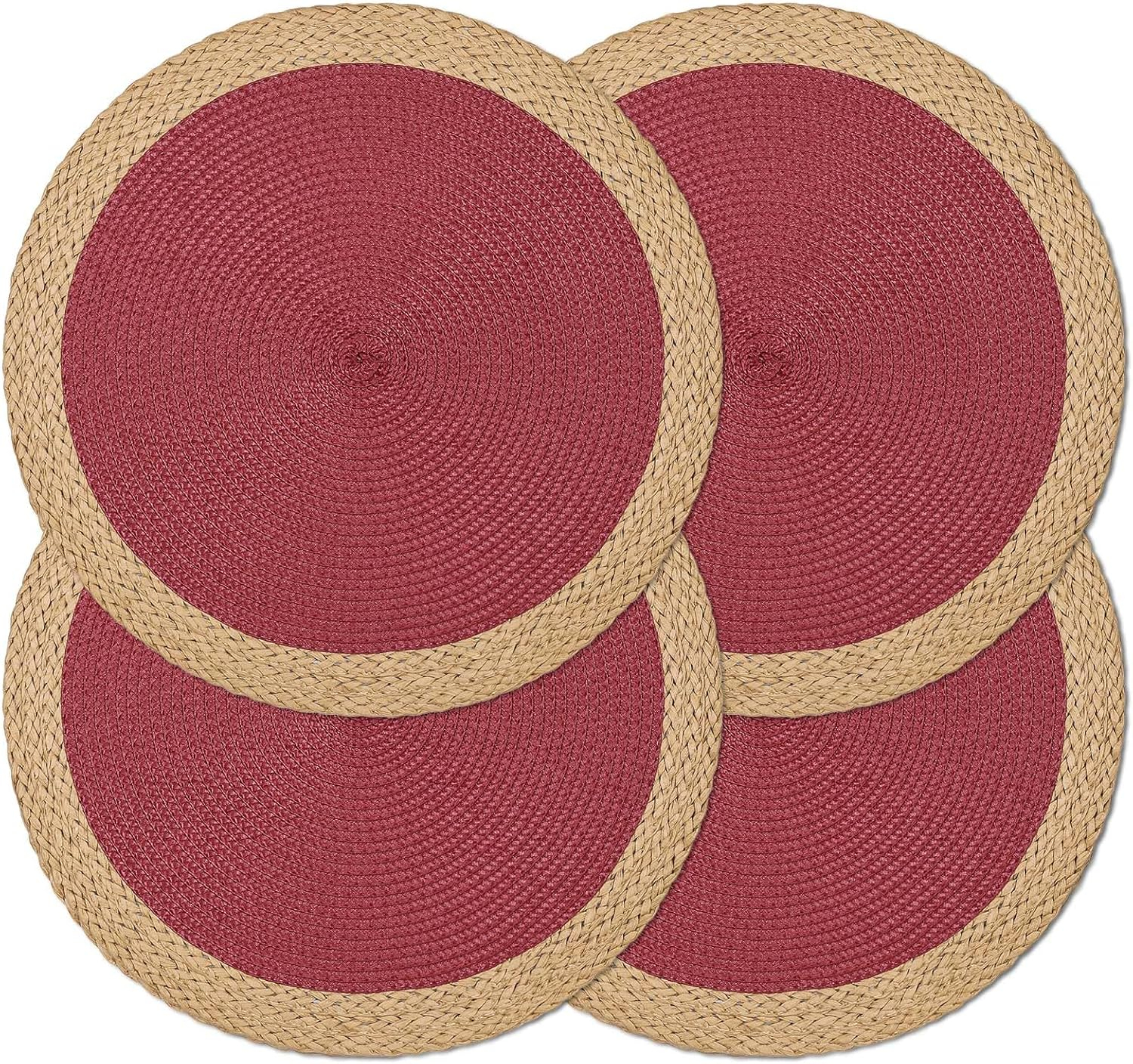 Noctiflorous 15 Inch Round Braided Placemats Set of 4 Washable Wipeable Easy Clean Heat Resistant Woven Dining Table Mats Decor for Holiday Parties Indoor Outdoor Daily Use(Red Thin Edge, 4)