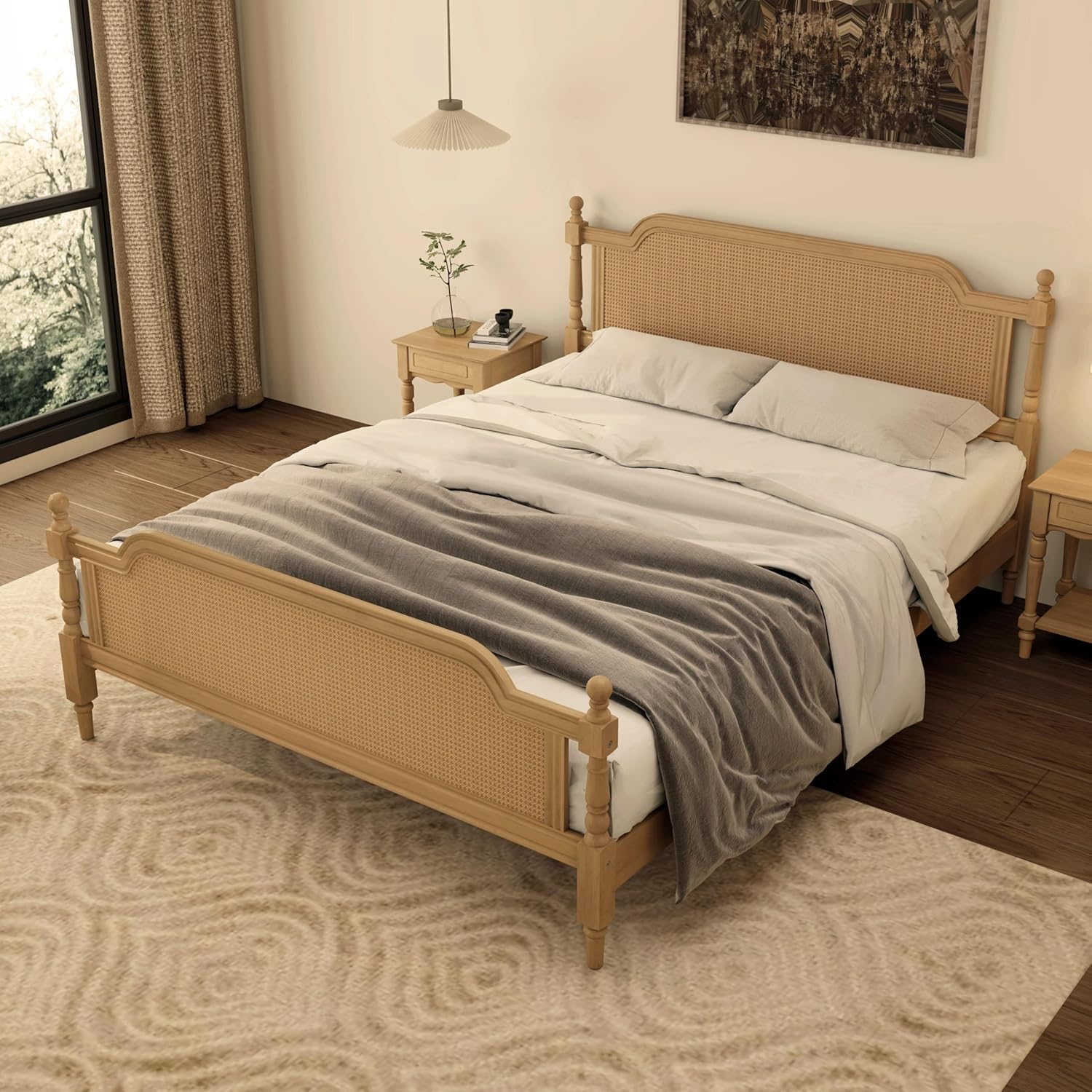 Traditional Style Rattan King Size Platform Bed Frame, Wooden Bed Frame with Rattan Headboard and Footboard, Wood Slat Support, No Box Spring Needed, Easy Assembly (Antique Walnut,310)