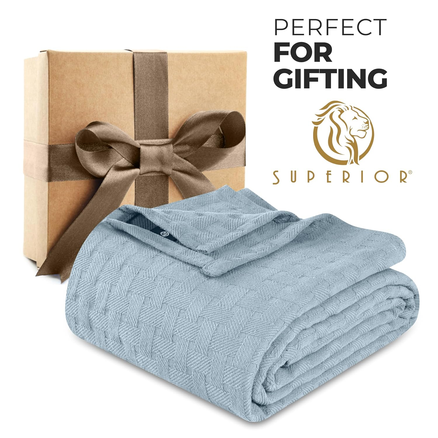 Superior Basketweave Cotton Blanket, Full/Queen, Light Blue