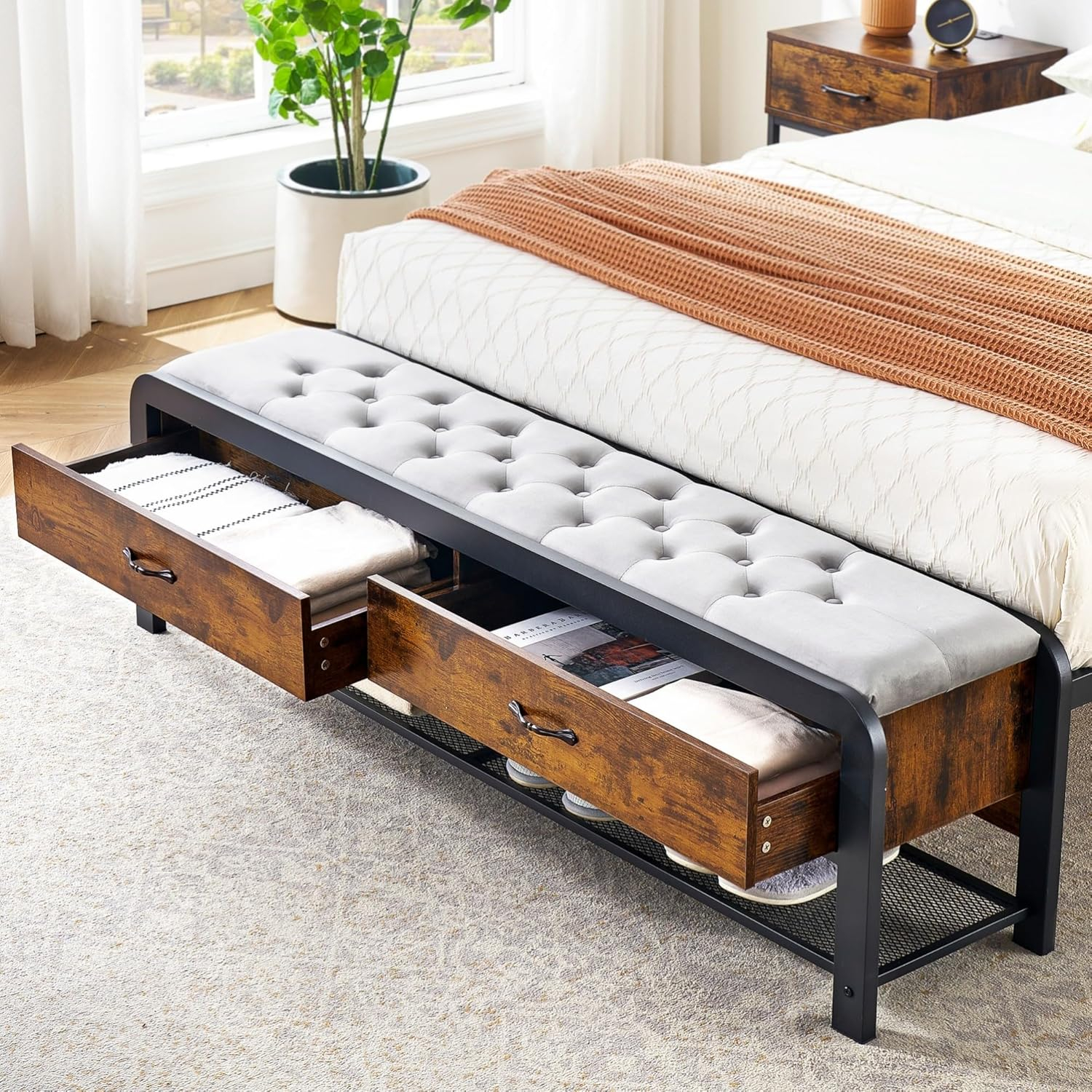 Alkmaar Full Size Platform Bed Frame with 2 Storage Drawers and Headboard, Bed Frame with Safe Rounded Corners & Strong Metal Slats Support, Mattress Foundation with Storage No Box Spring Needed