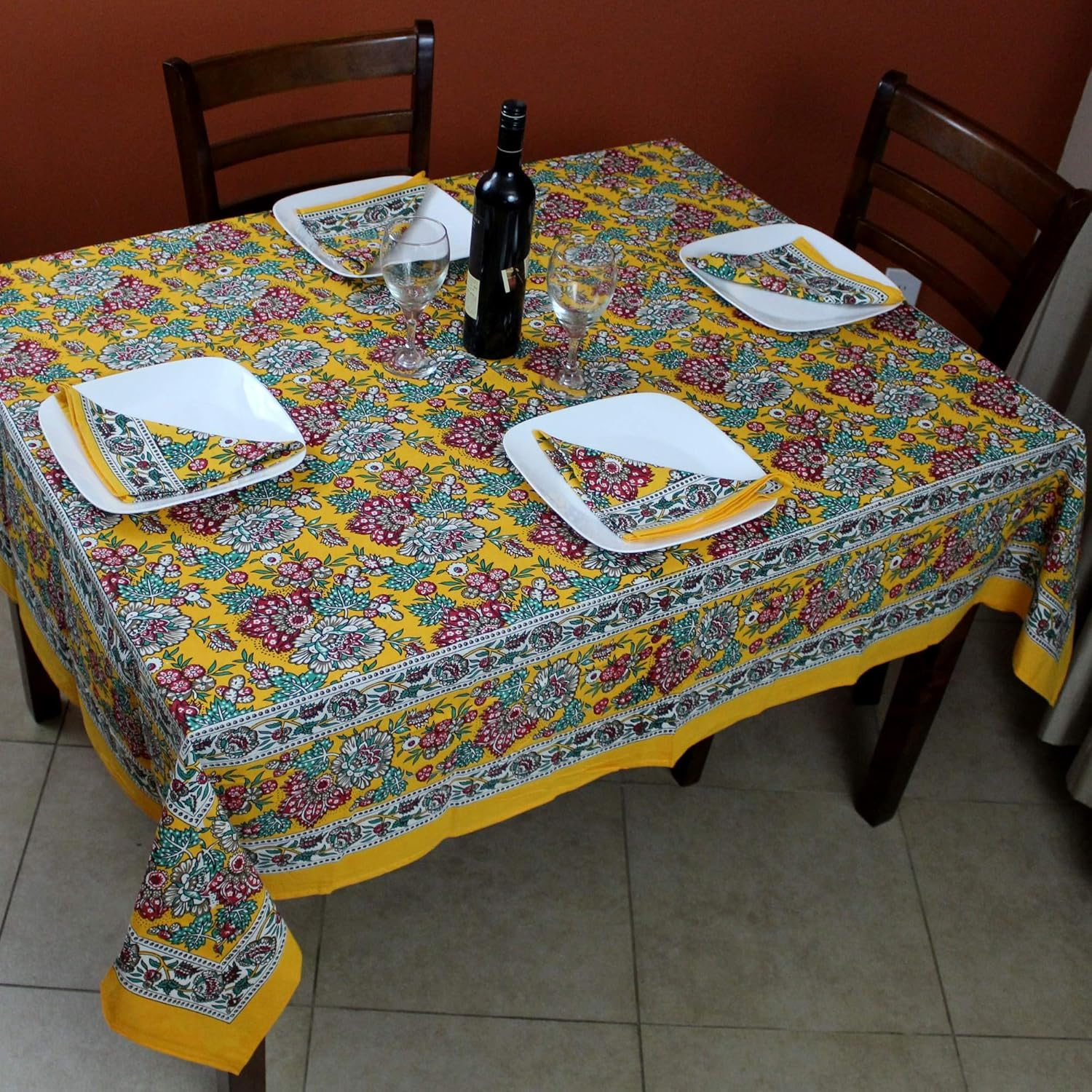 India Arts French Country Floral Print Tablecloth Square Cotton Table Linen Beach Sheet Beach Throw (Yellow, Tablelcoth 72 x 72 inches)
