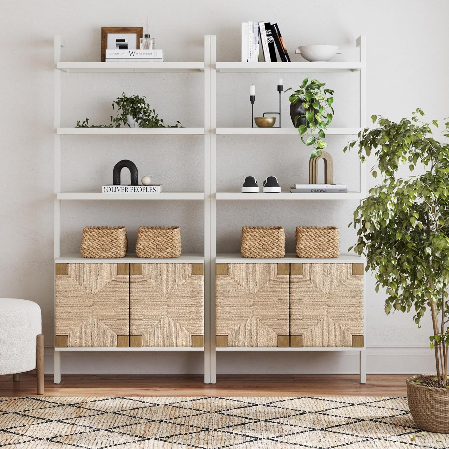 Warm White Solid Wood Bookcase with Adjustable Seagrass Cabinets