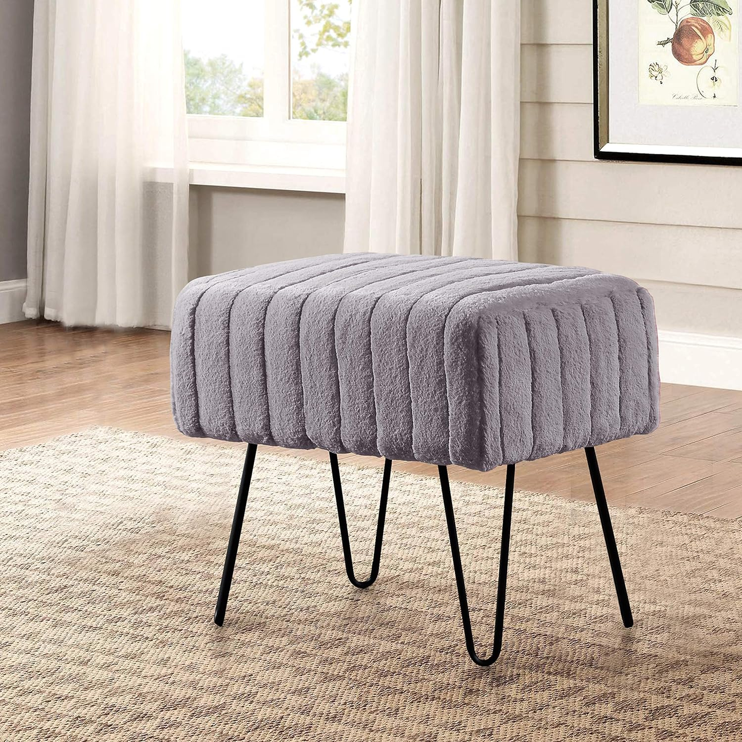 Home Soft Things Super Soft Faux-Fur Upholstered Stool Ottoman, Charcoal, 19"x13"x17"