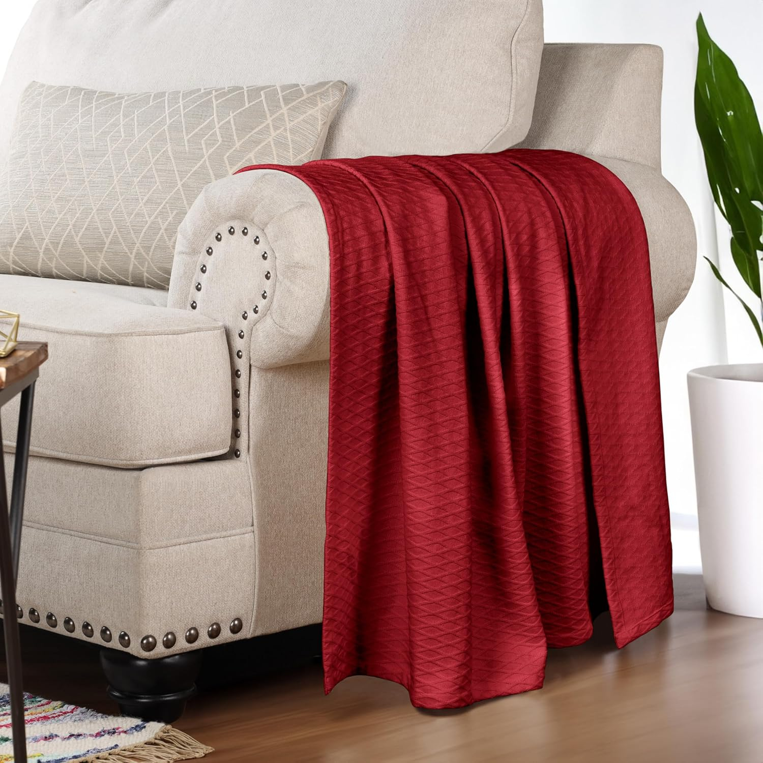 Superior Dobbyweave Knit Cotton Blanket, All Season Breathable Bed Blanket Twin Size, Burgundy