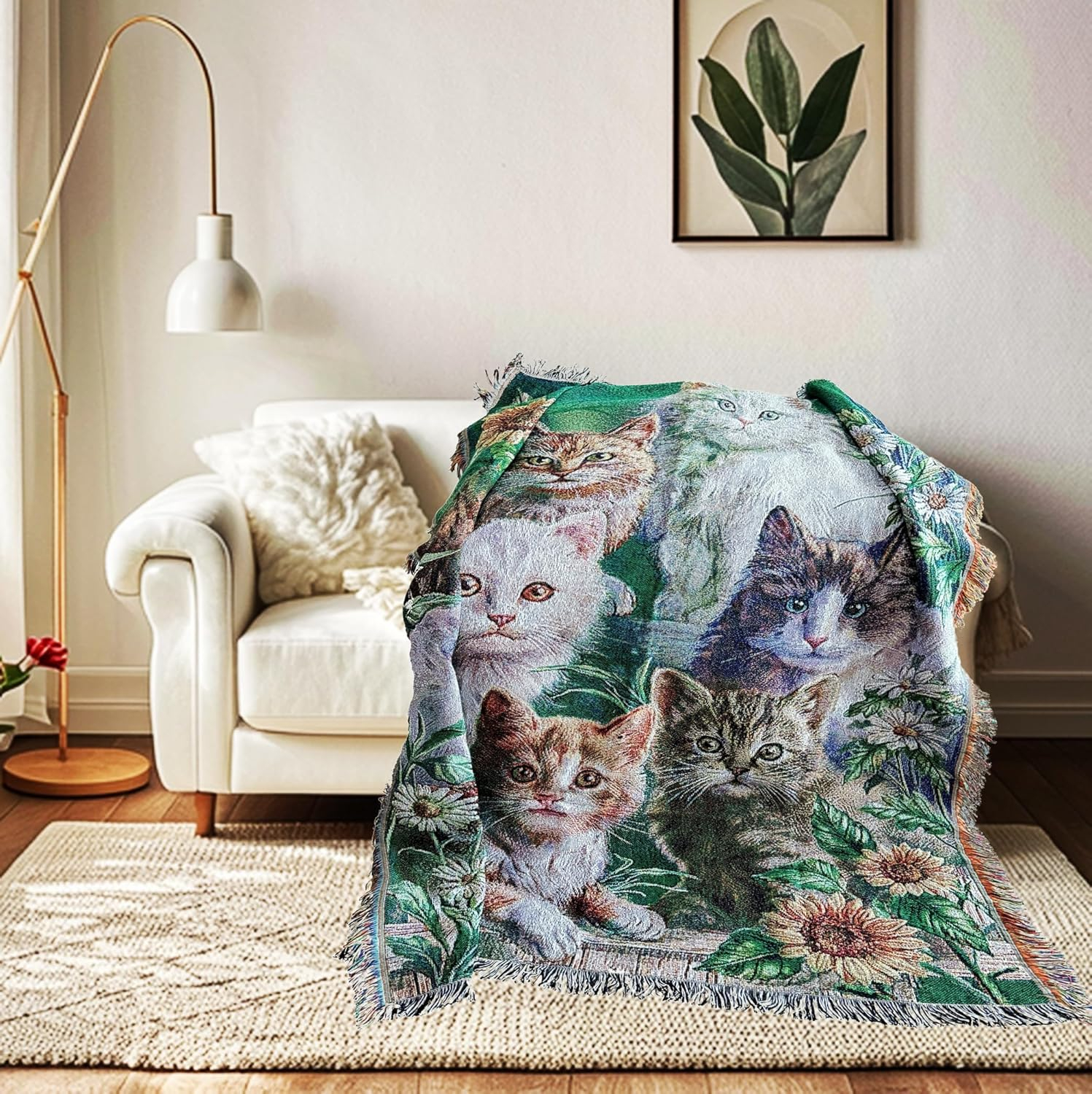 EZ.enjoy Garden Cat Flower Woven Tapestry Throw Blanket Wall Hanging Art Handicrafts Jacquard Multipurpose Soft Travel Mat Outdoor with Fringe Tassels 50 X 60 Inches