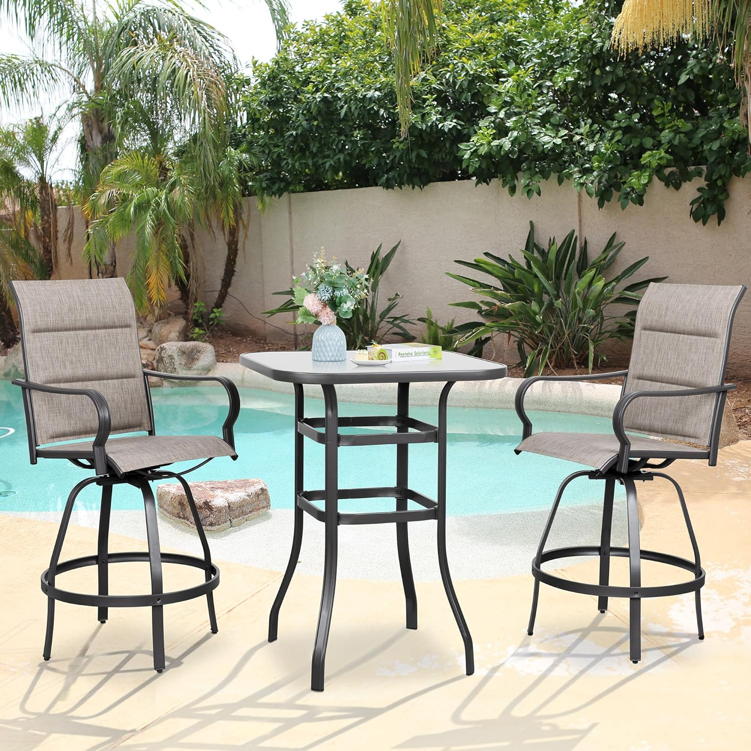 Vongrasig 3 Piece Patio Swivel Bar Set, All Weather Mental Textilene High Swivel Bar Stools Chair Set of 2 and Glass Bar Table, Outdoor High Top Bistro Set for Lawn Garden, Balcony, Gray