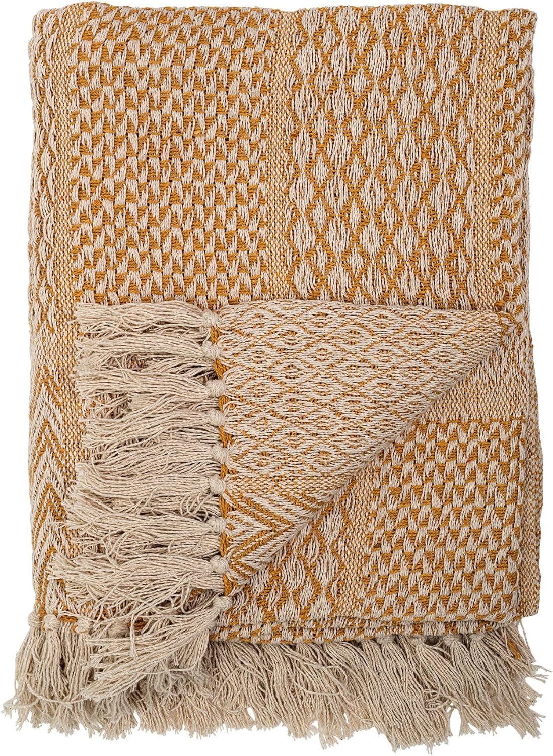 Cozy Cream Fringed Cotton Blend 60" Knit Throw - Yellow