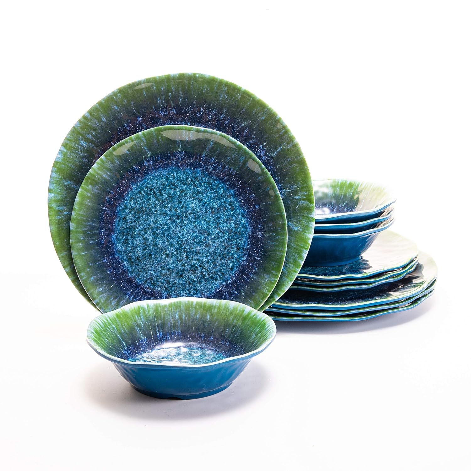 Melamine Dinnerware Set 12 PCS Teal Turquoise Tableware Plates Bowls Blue Green Dishwasher Safe Not Microware Not Oven