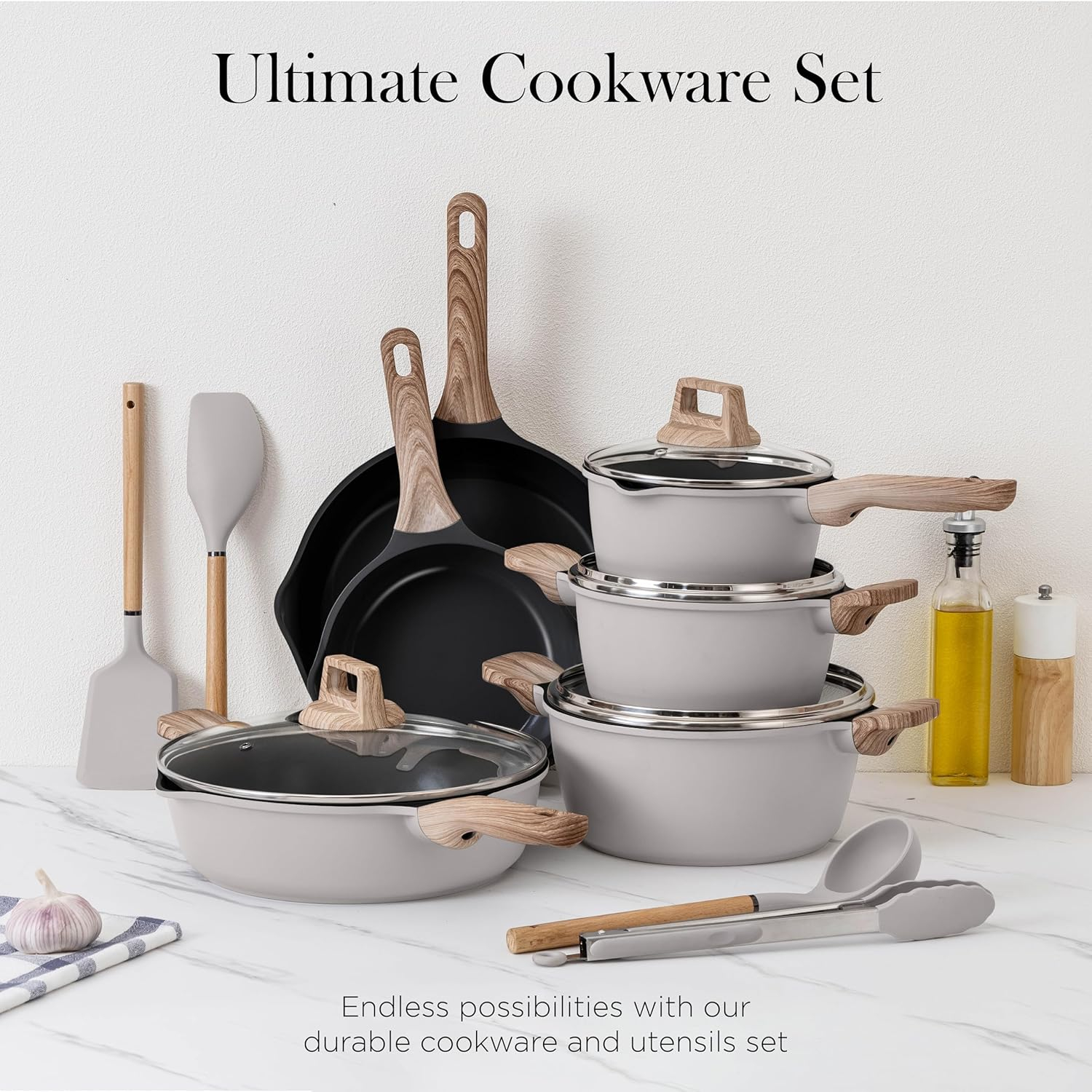 14-Piece Gray Nonstick Cast Aluminum Cookware Set with Bakelite Handles