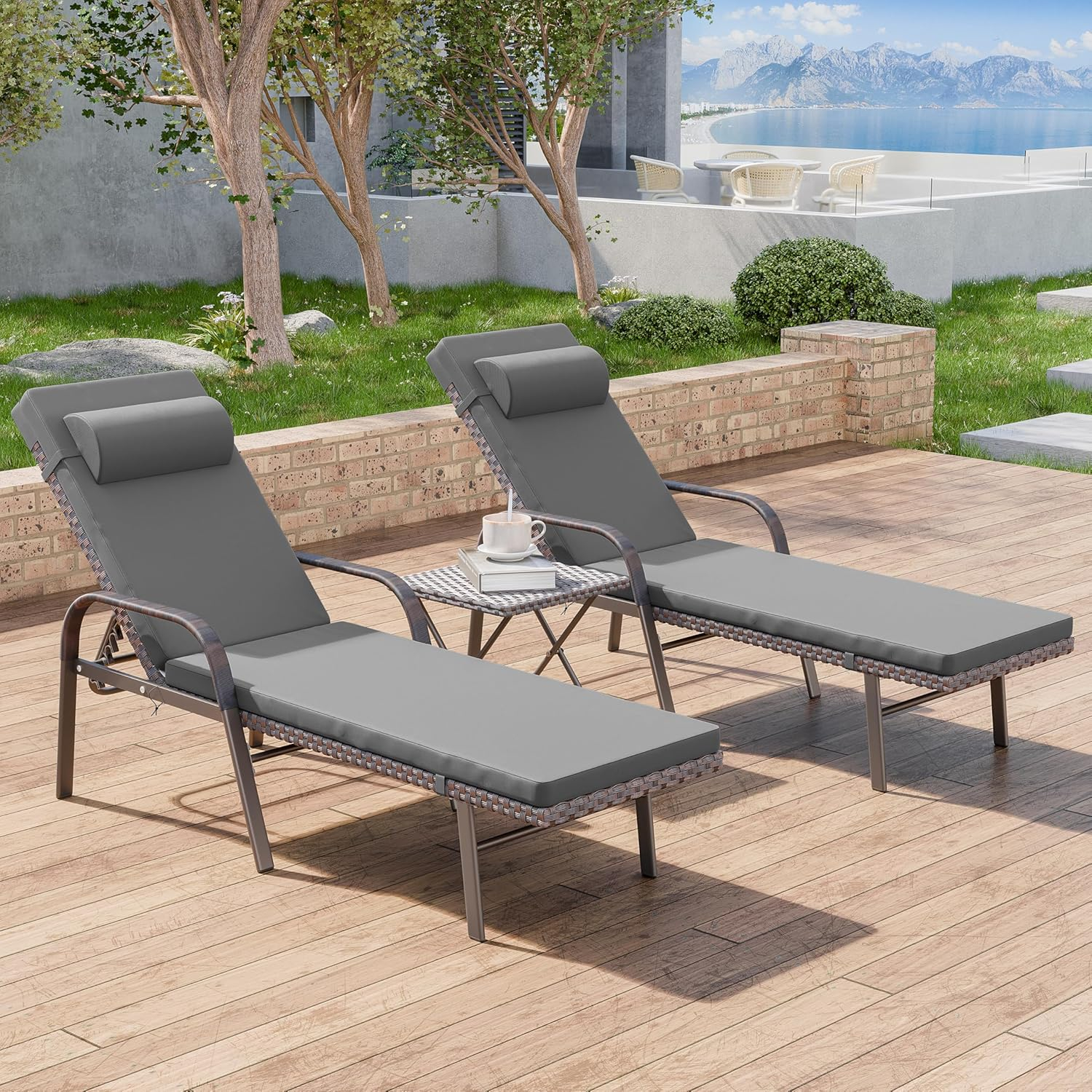3 Pieces Patio Chaise Lounge Set Outdoor PE Rattan Armrest Lounge Chair Adjustable Backrest Reclining Chair with Folding Table and Cushion for Patio Poolside Backyard Porch Beach(Grey)