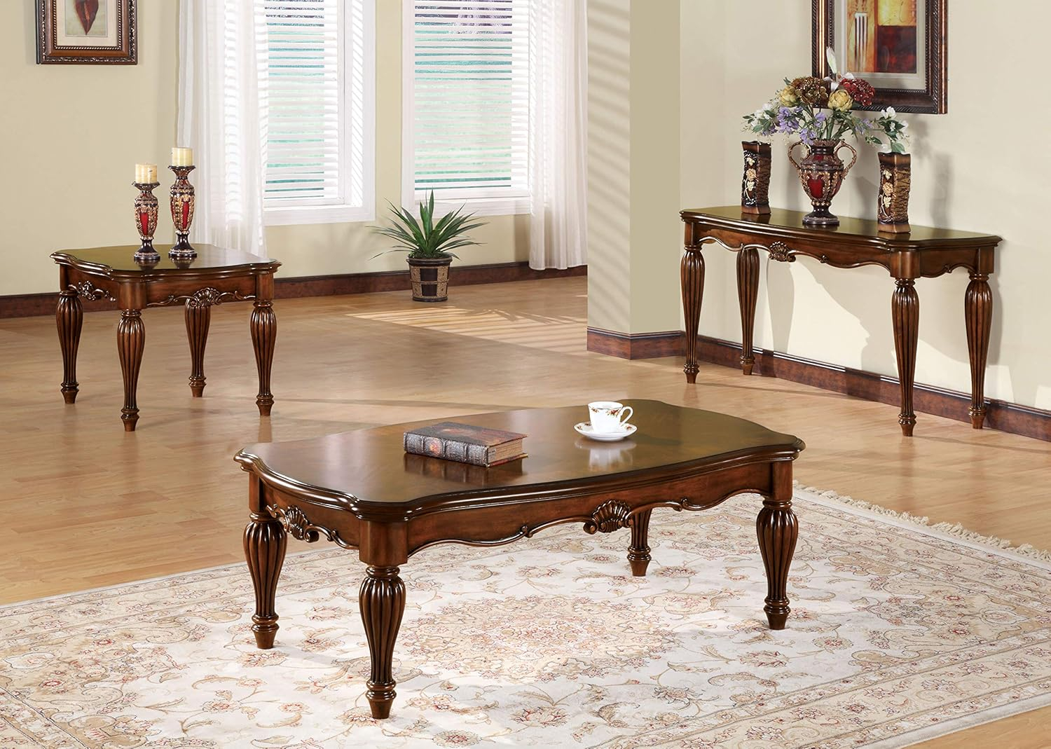 Vintage Rectangular Wooden Coffee Table with Fluted Legs Cherry Brown