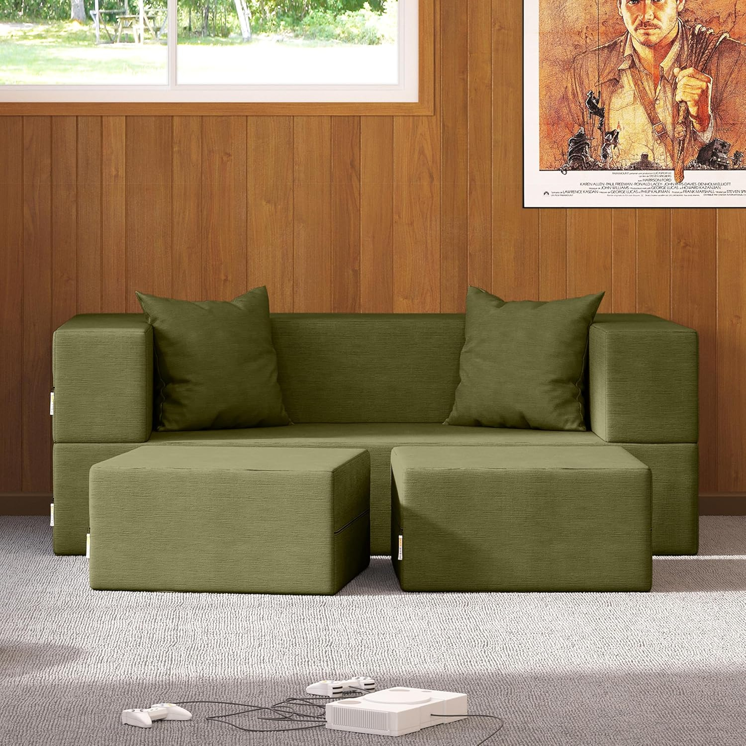 Jaxx Zipline Convertible Sleeper Loveseat & Ottomans/Queen-Size Bed, Moss