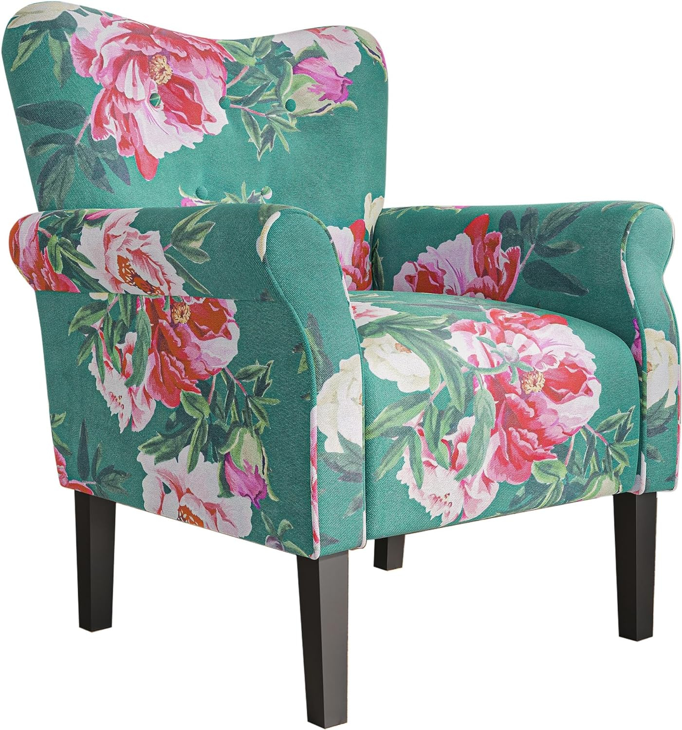 BELLEZE Modern Accent Chair for Living Room, High Back Linen Armchair with Wooden Legs, Upholstered Wingback Side Chair Padded Armrest Single Sofa for Living Room, Bedroom - Allston (Green & Flower)