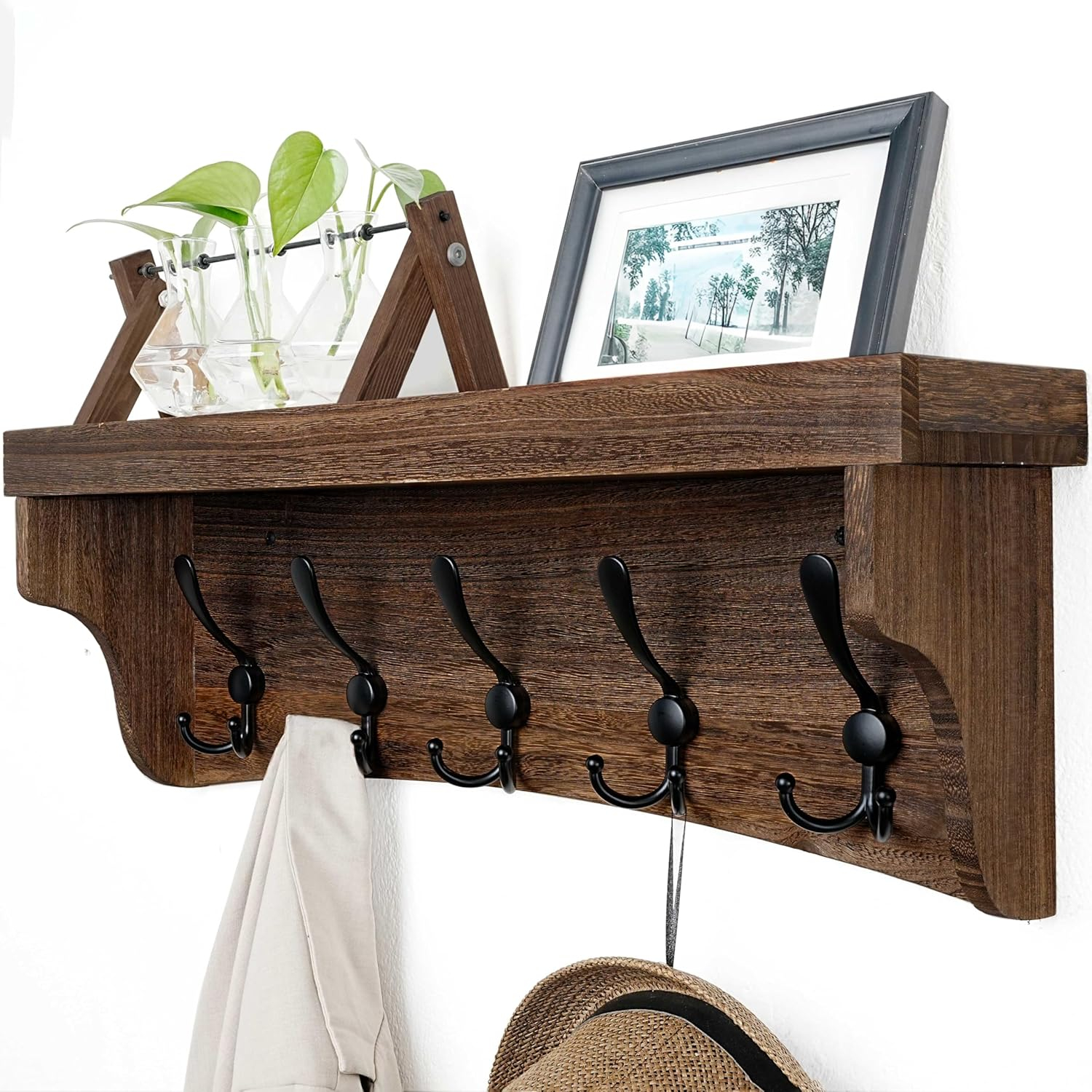 HBCY Creations Rustic Brown Solid Wood Wall Mounted Coat Rack with Shelf, 5 Hooks, 24" Long - Kitchen, Mudroom, Entryway, Bathroom - Includes Mounting Hardware, Coat Hanger, Dog Leash Hooks