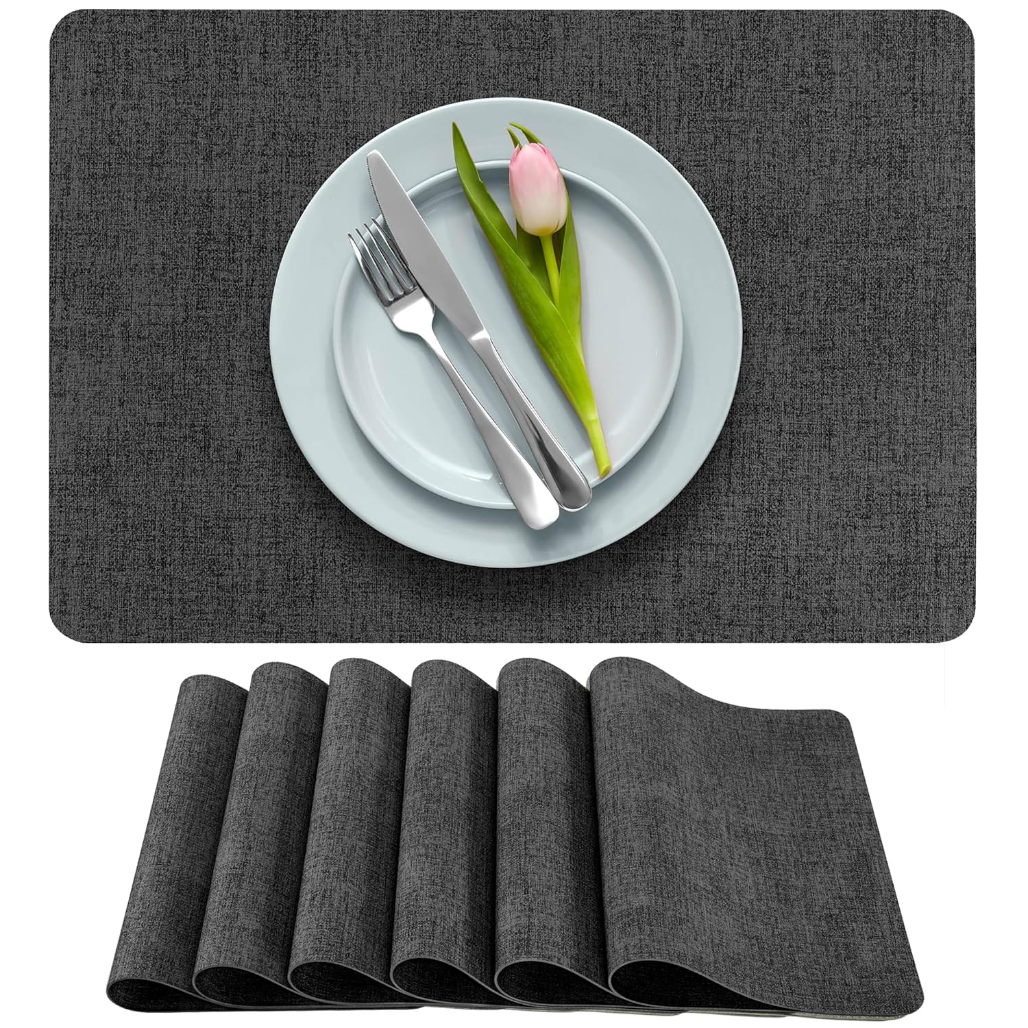 More Décor Faux Leather Placemats for Dining and Kitchen Table - Stain and Heat Resistant, Non Slip, Wipeable, Washable - Set of 6 - Dark Grey
