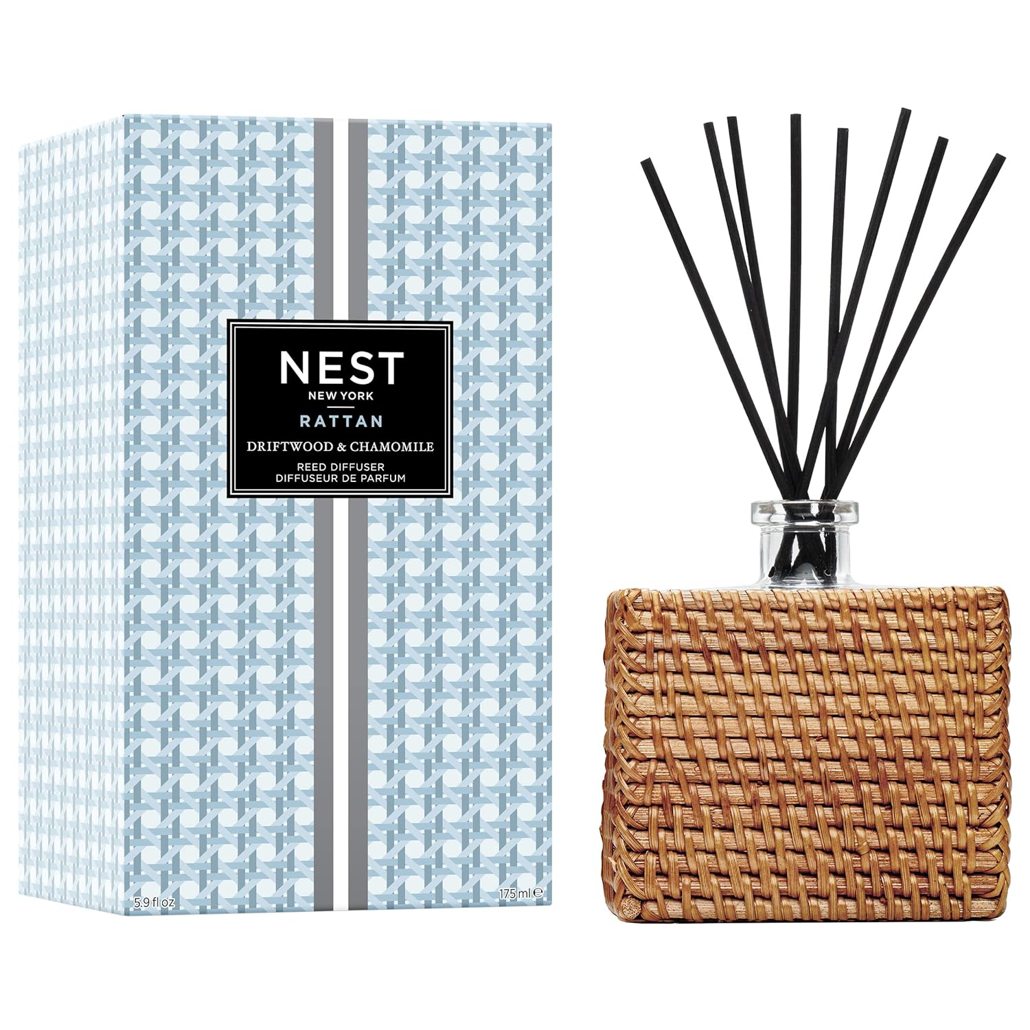 NEST Fragrances Driftwood & Chamomile Fragrance Oil, Long-Lasting Reed Diffuser for Home with Rattan Sleeve, 5 Fl Oz